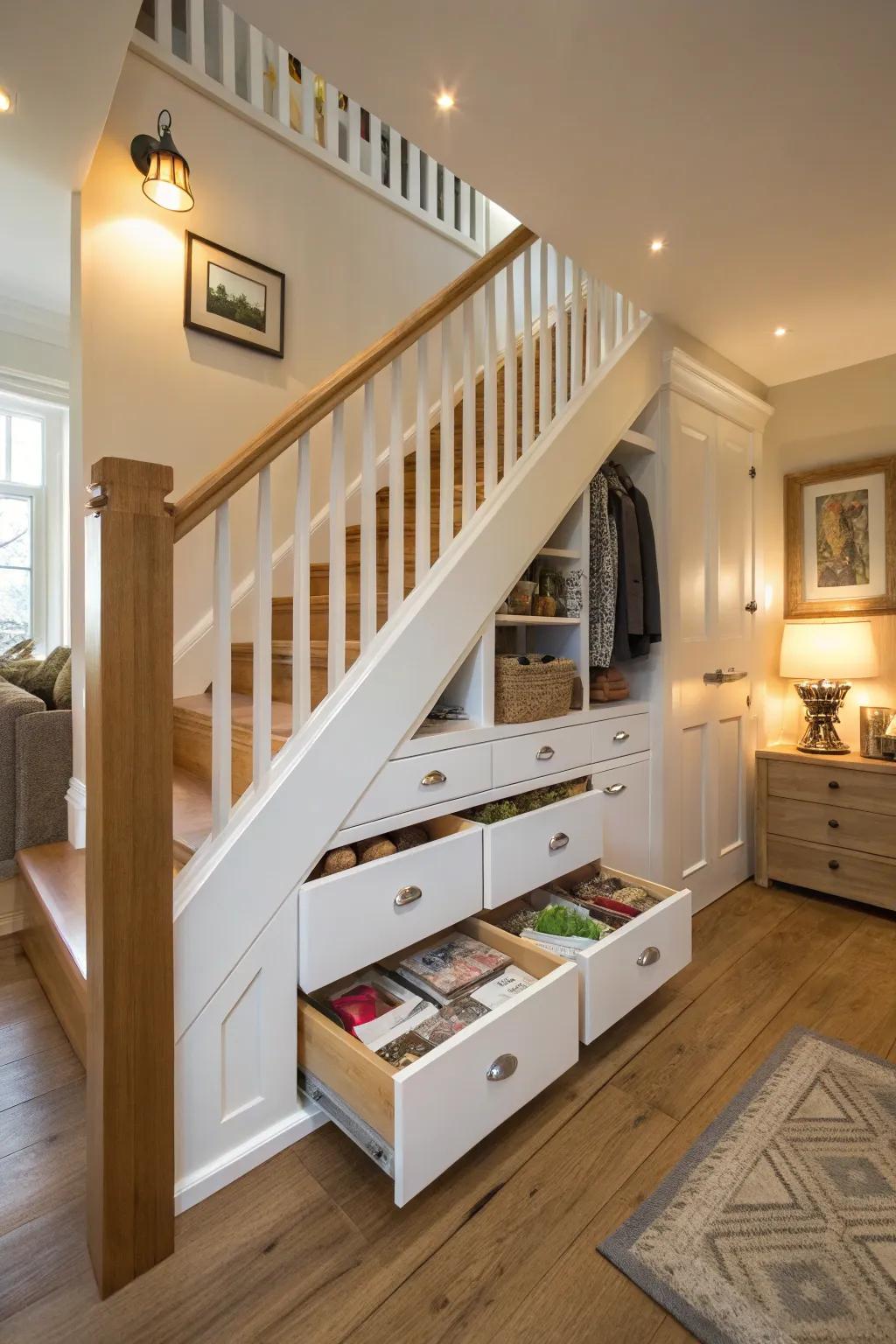 Under-stair storage makes the most of every available space.