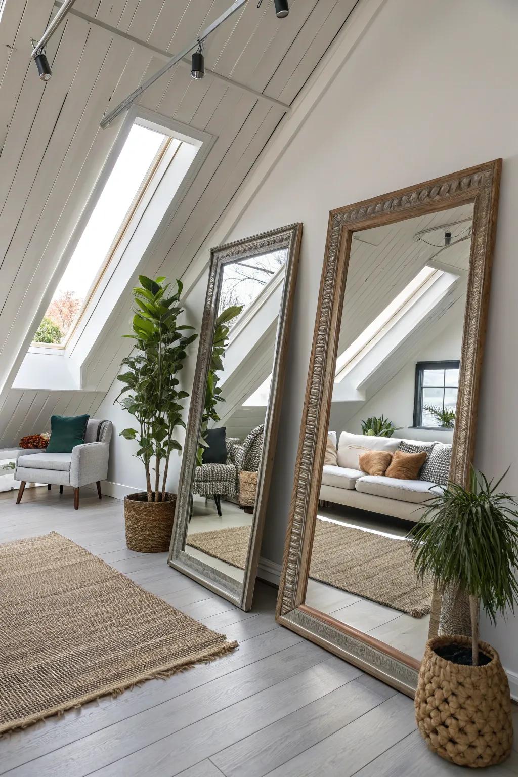Mirrors amplify the perception of space and illumination within a loft.