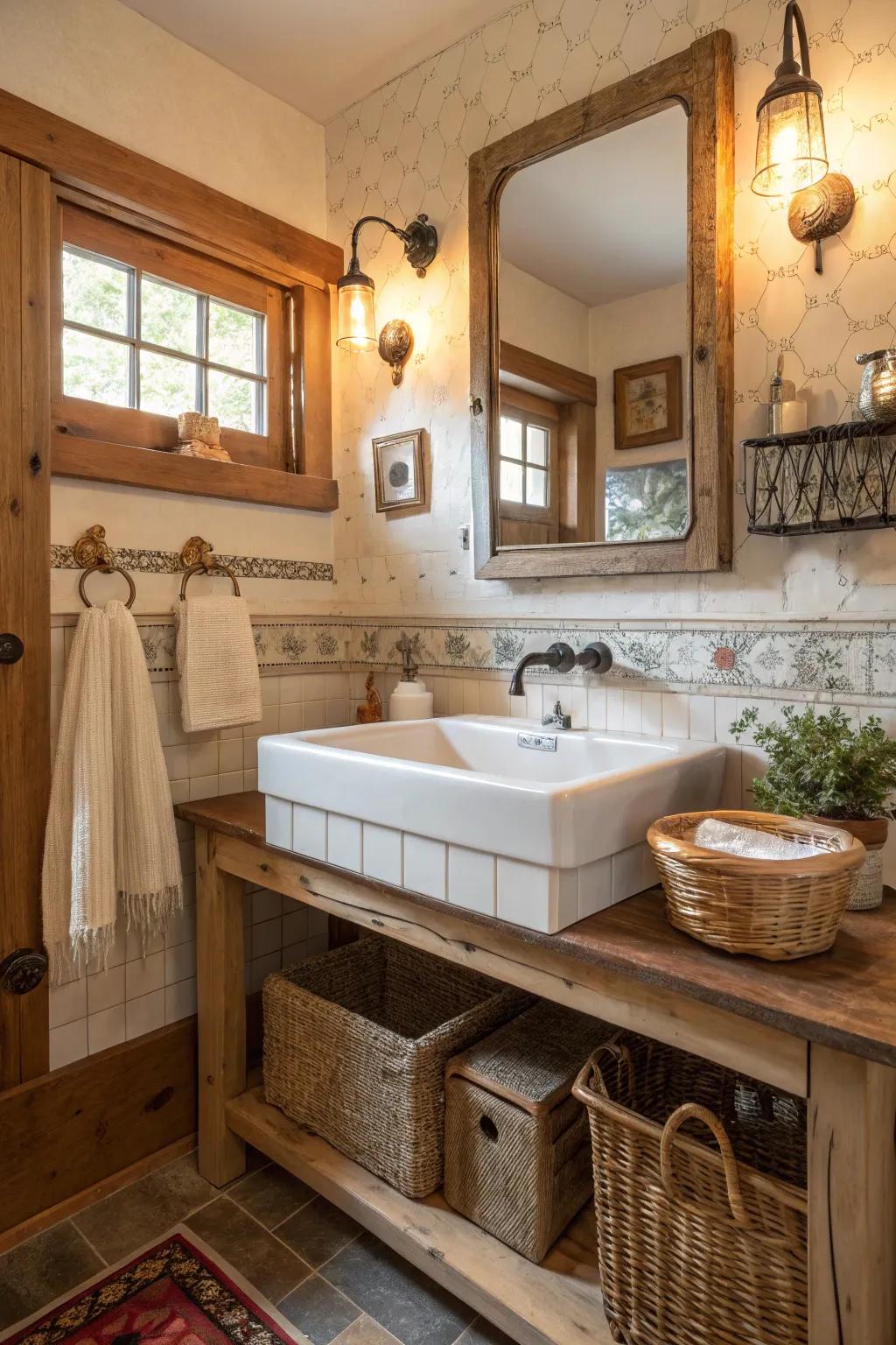 Farmhouse sinks add charm to rustic bathrooms.