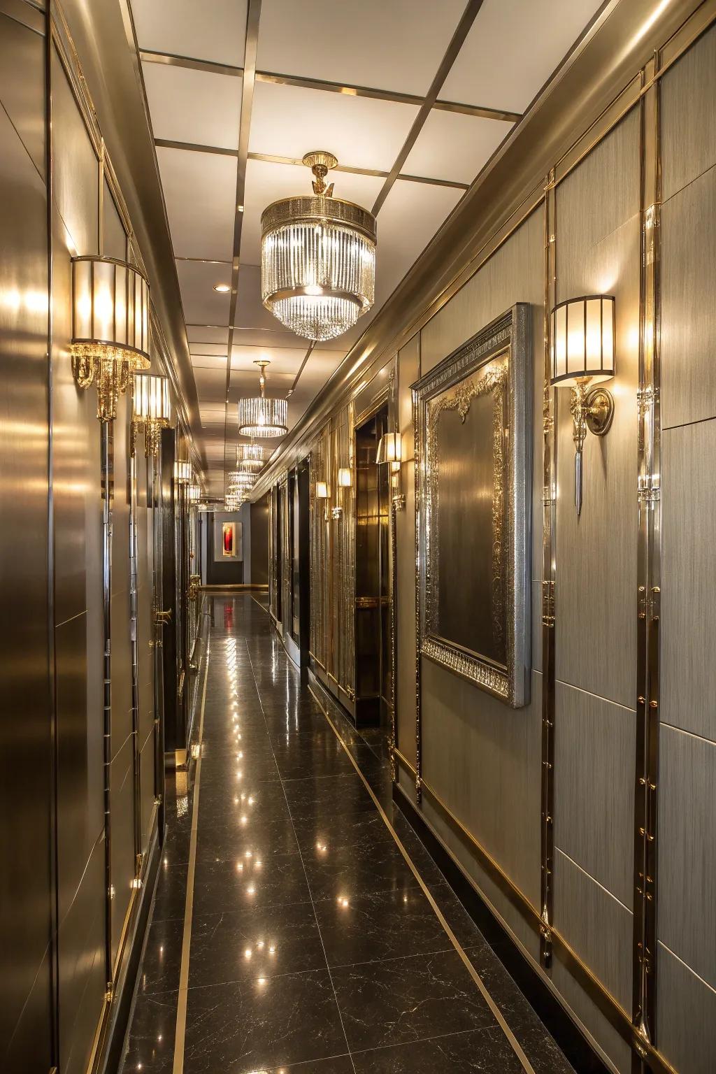 Metallic touches can add elegance and interest to your slender passageway.
