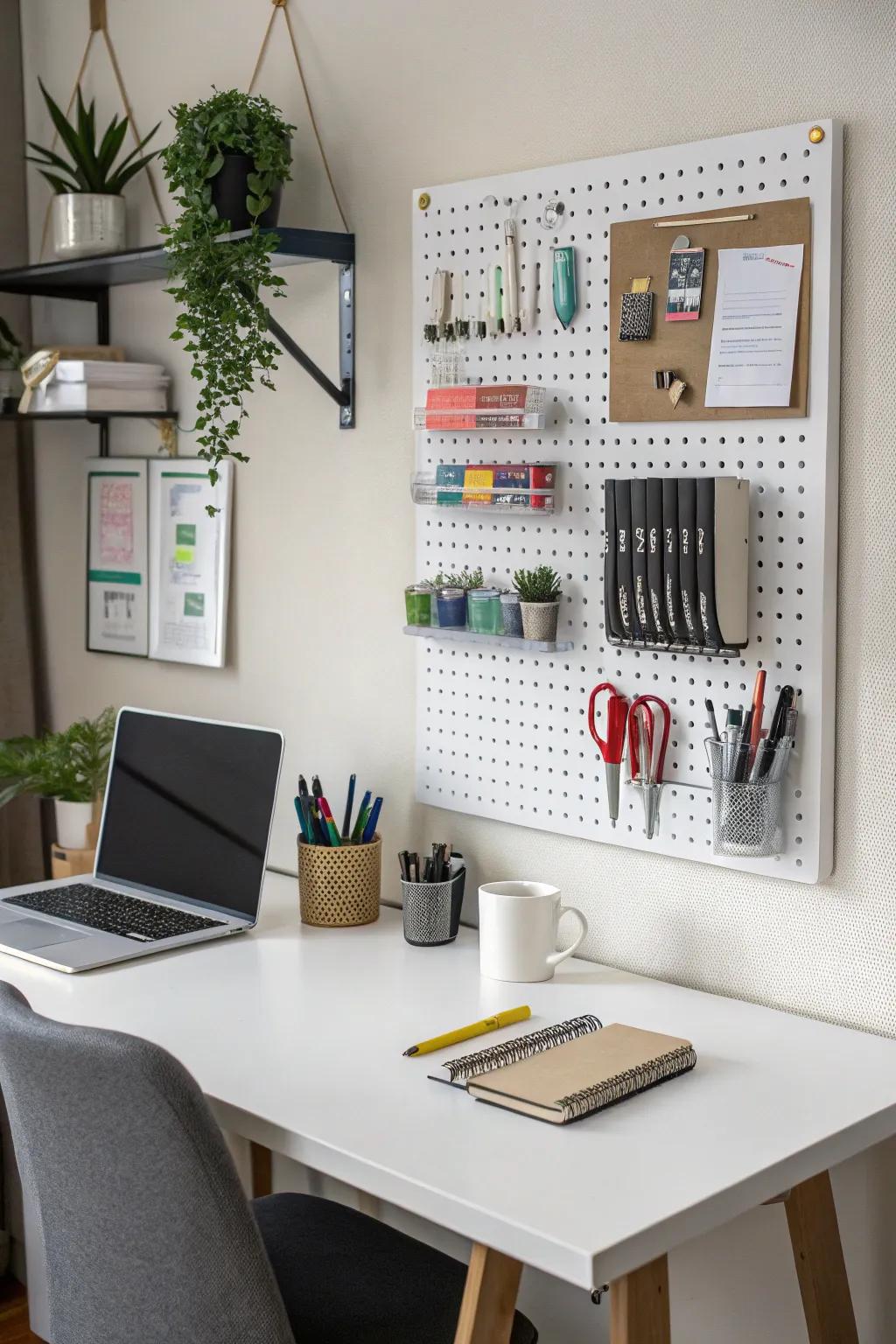Vertical storage solutions maintain an organized and clutter-free workspace.