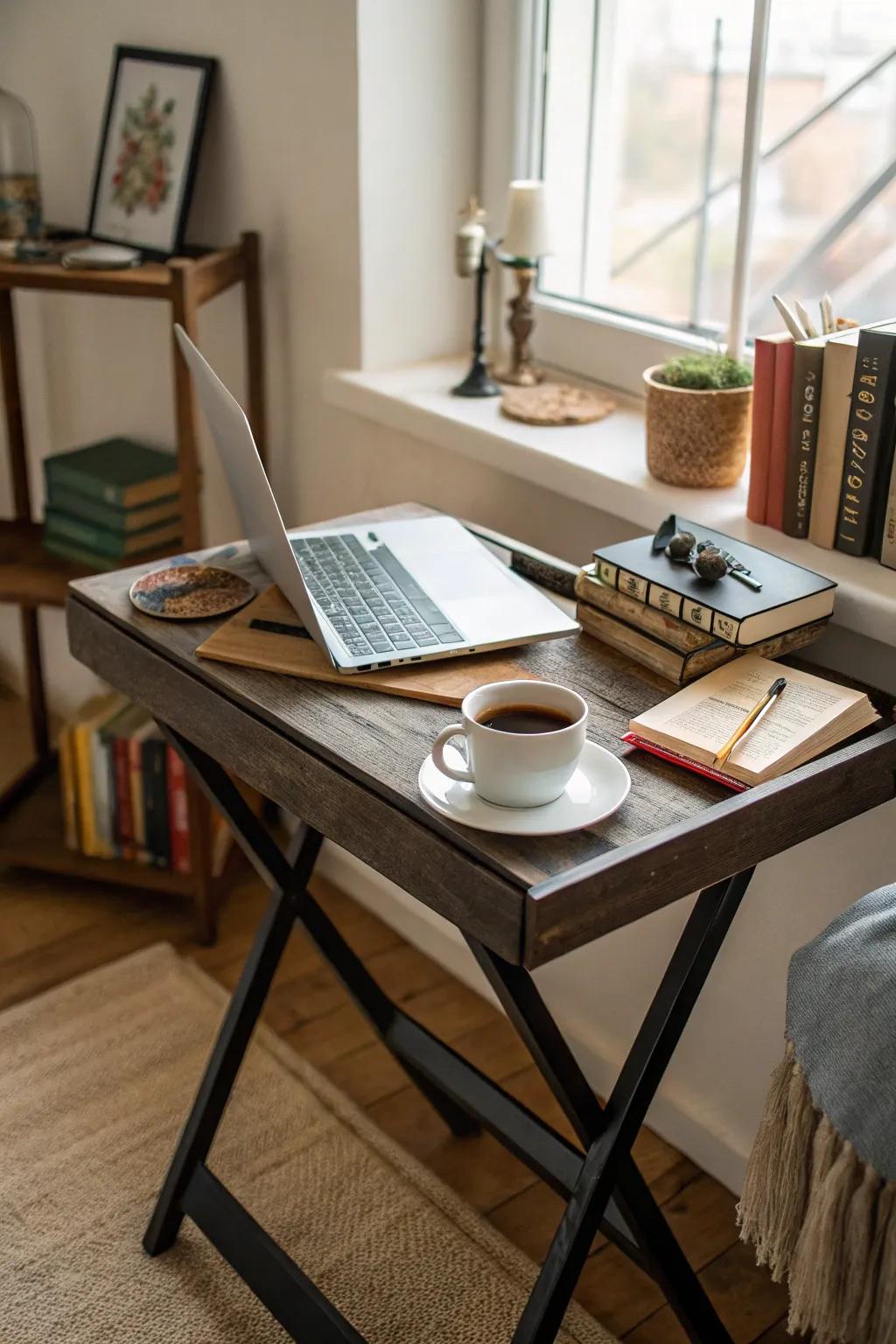 A practical folding desk that saves space when not in use.