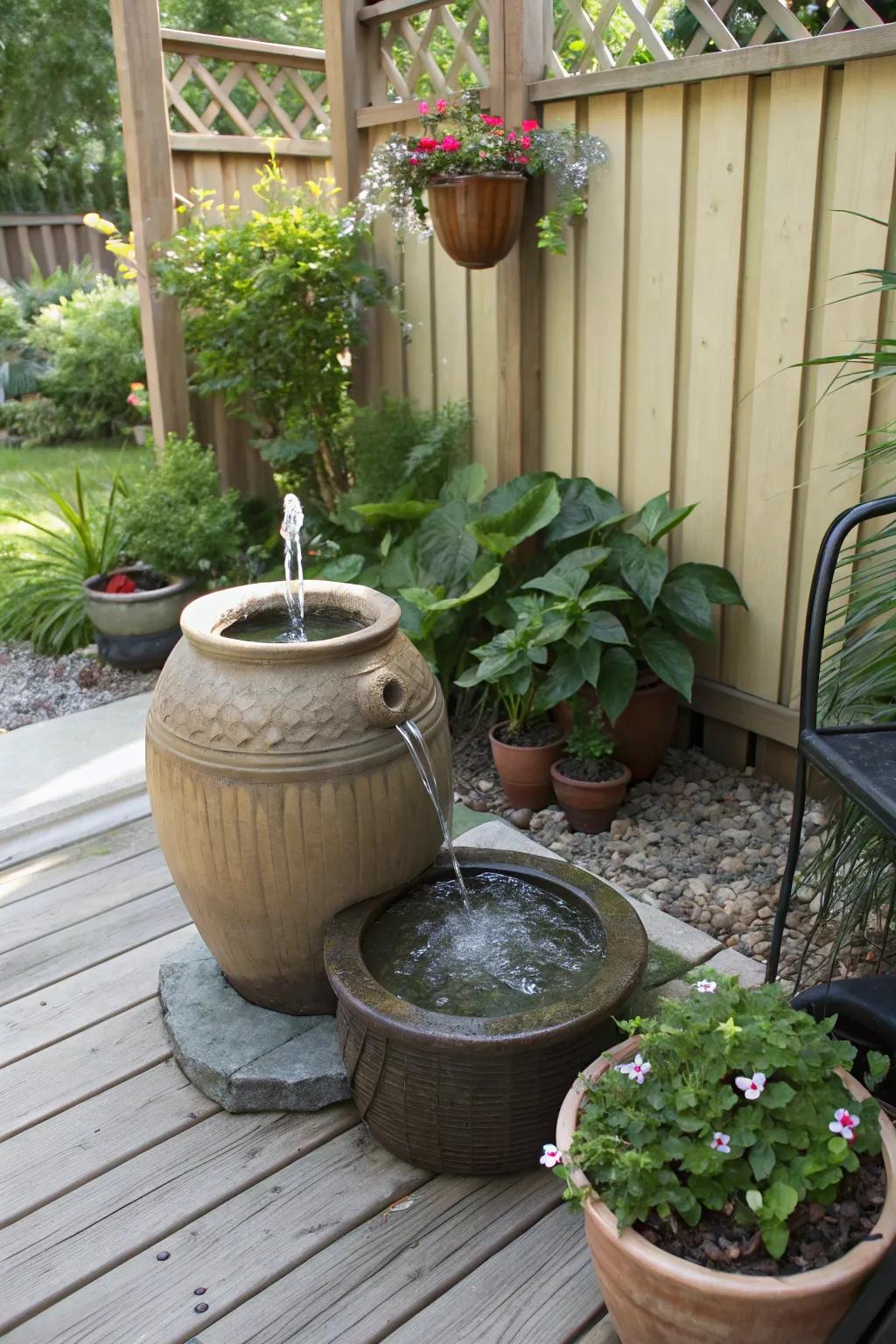A self-made water fountain brings a calming element to the patio.