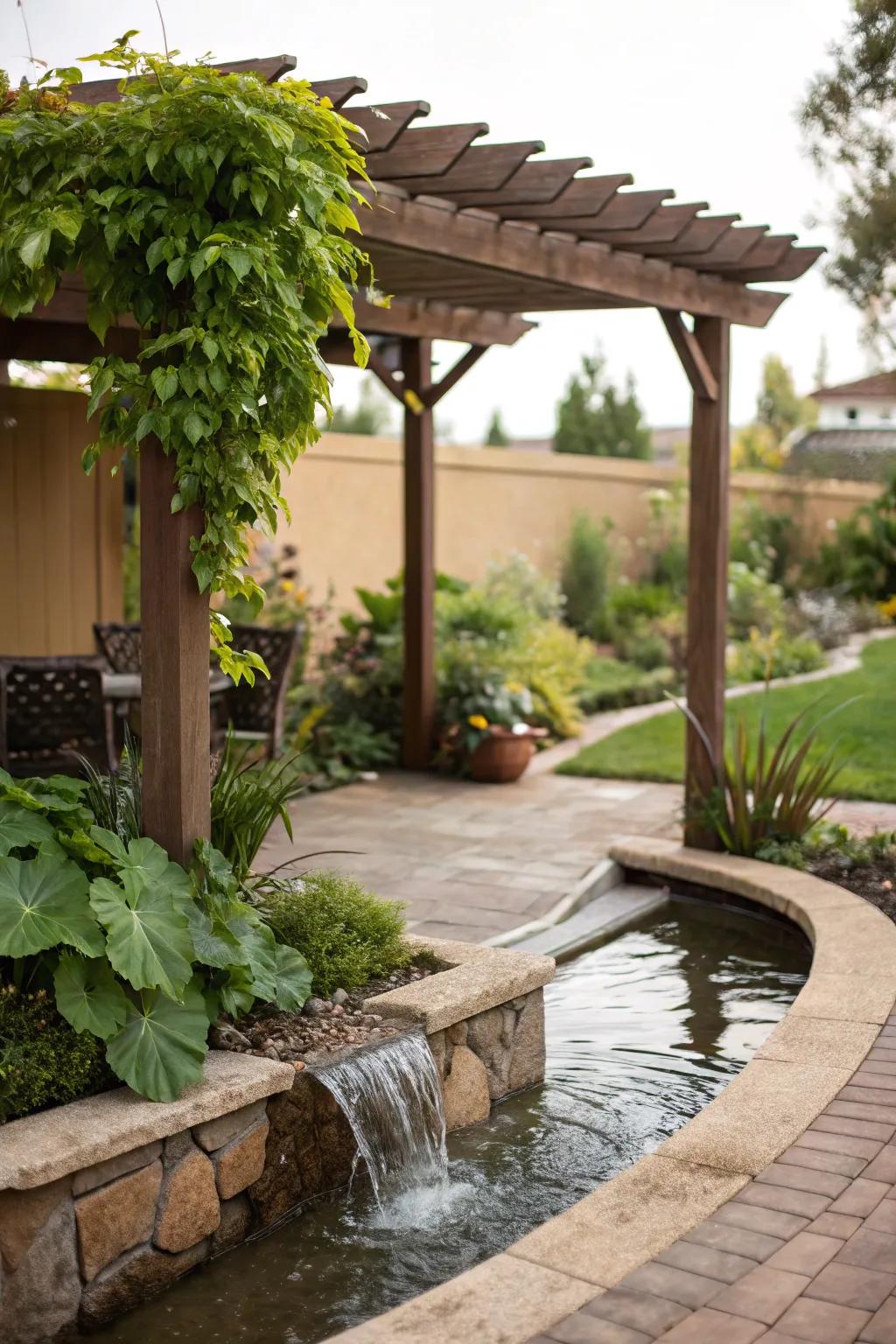 A water element adds a soothing facet to a small canopy setup.