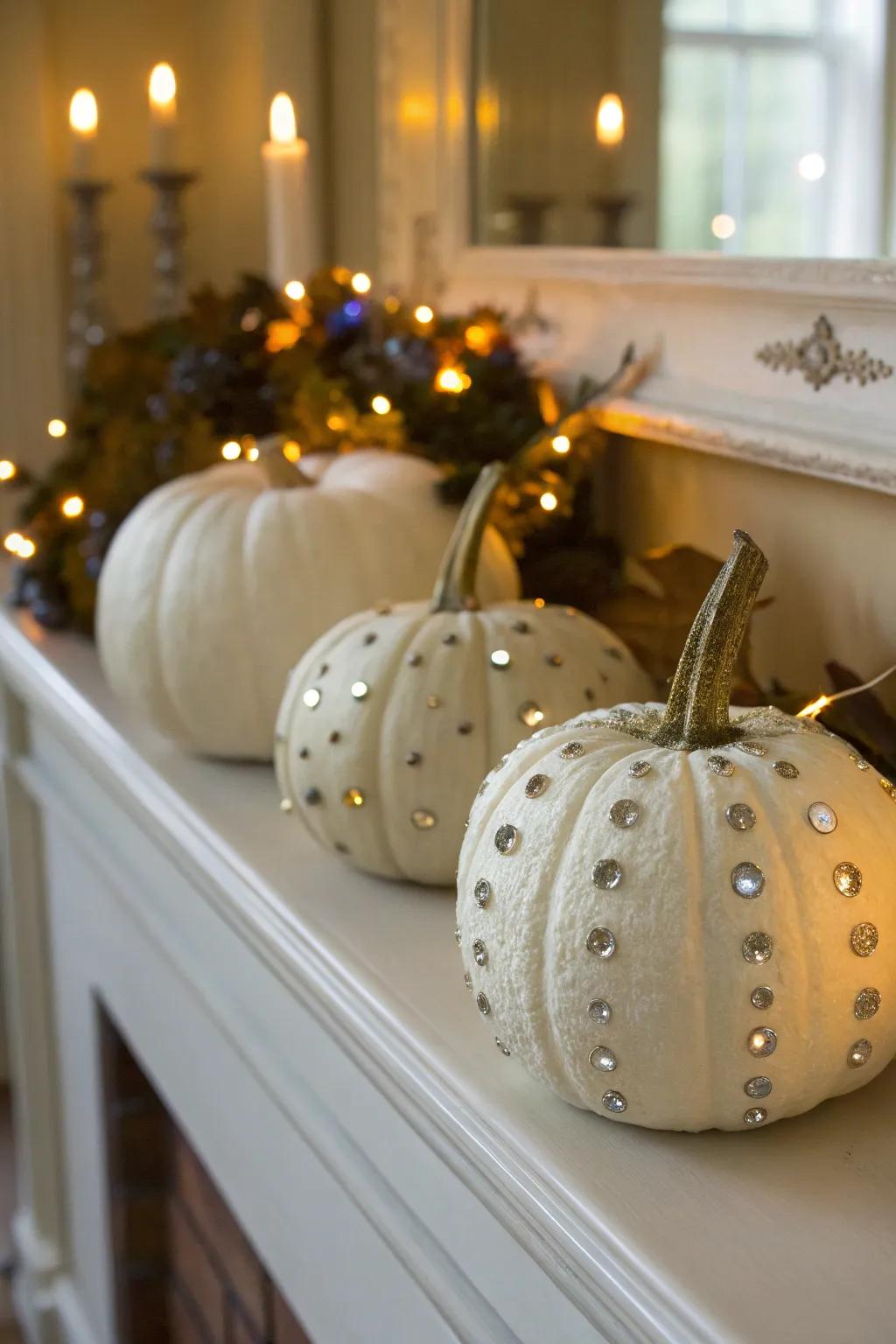 Bejeweled pumpkins shimmer and shine, adding glam to any space.