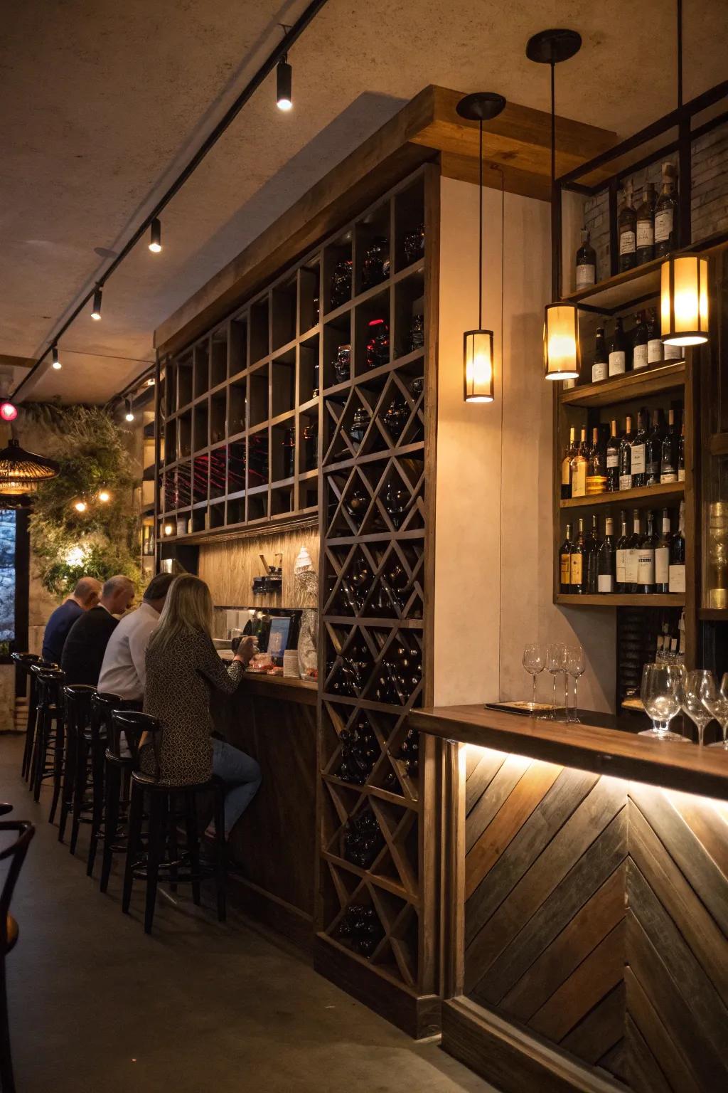 An integrated wine display introduces depth and functionality, elevating the design of a petite restaurant bar.