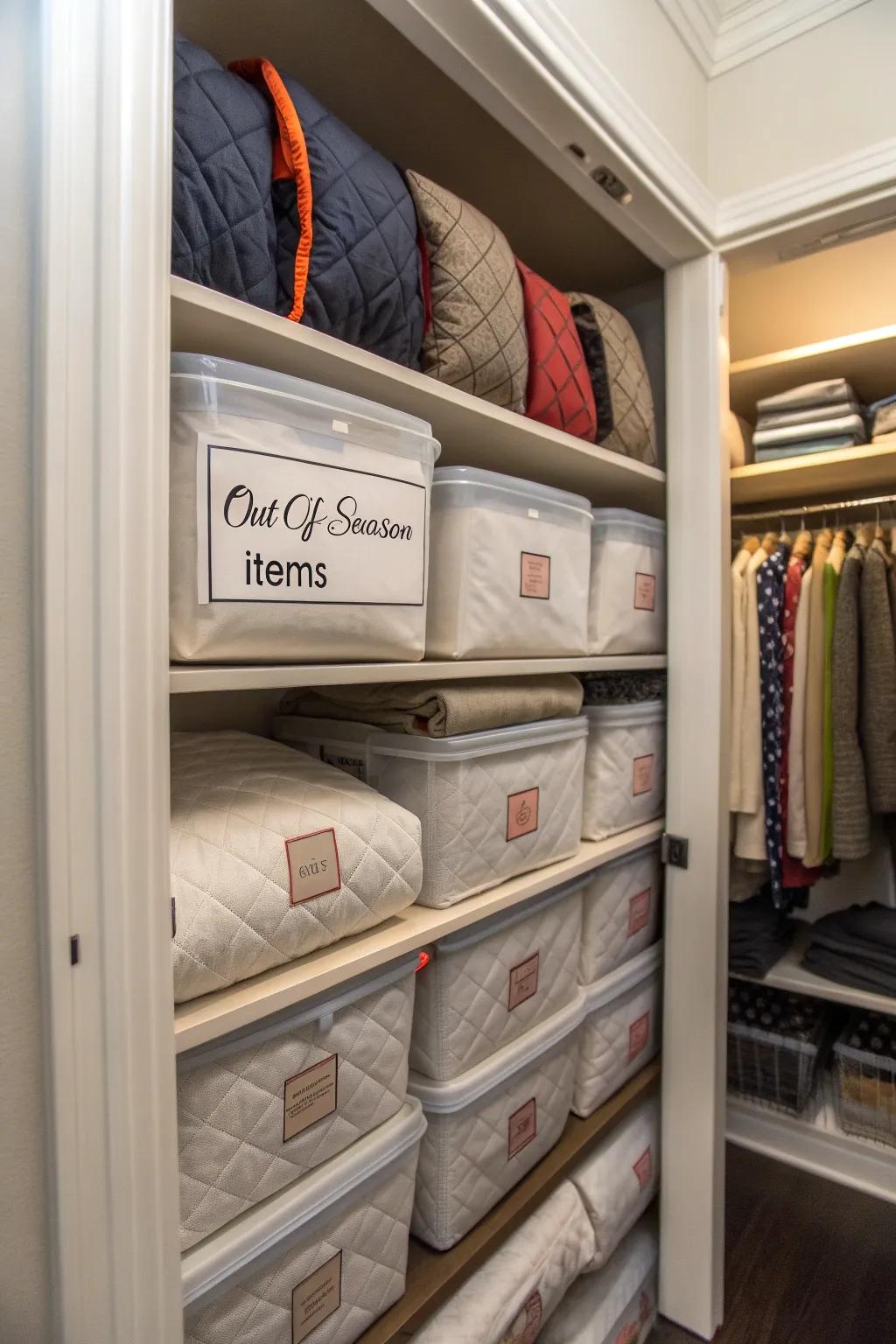 Seasonal rotation maintains the wardrobe arranged and spacious.
