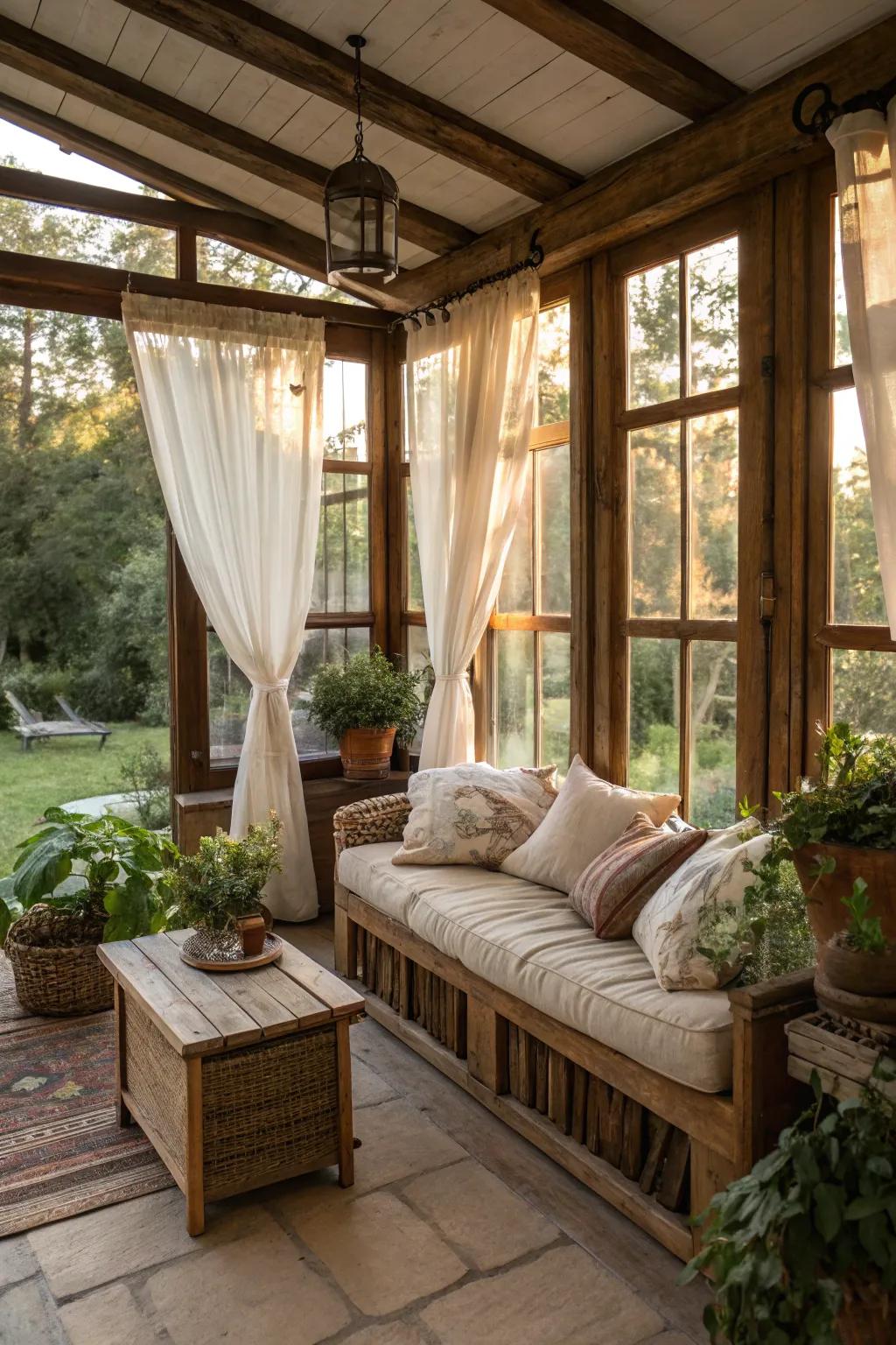 Natural textiles like linen add comfort and simplicity to this sunroom.
