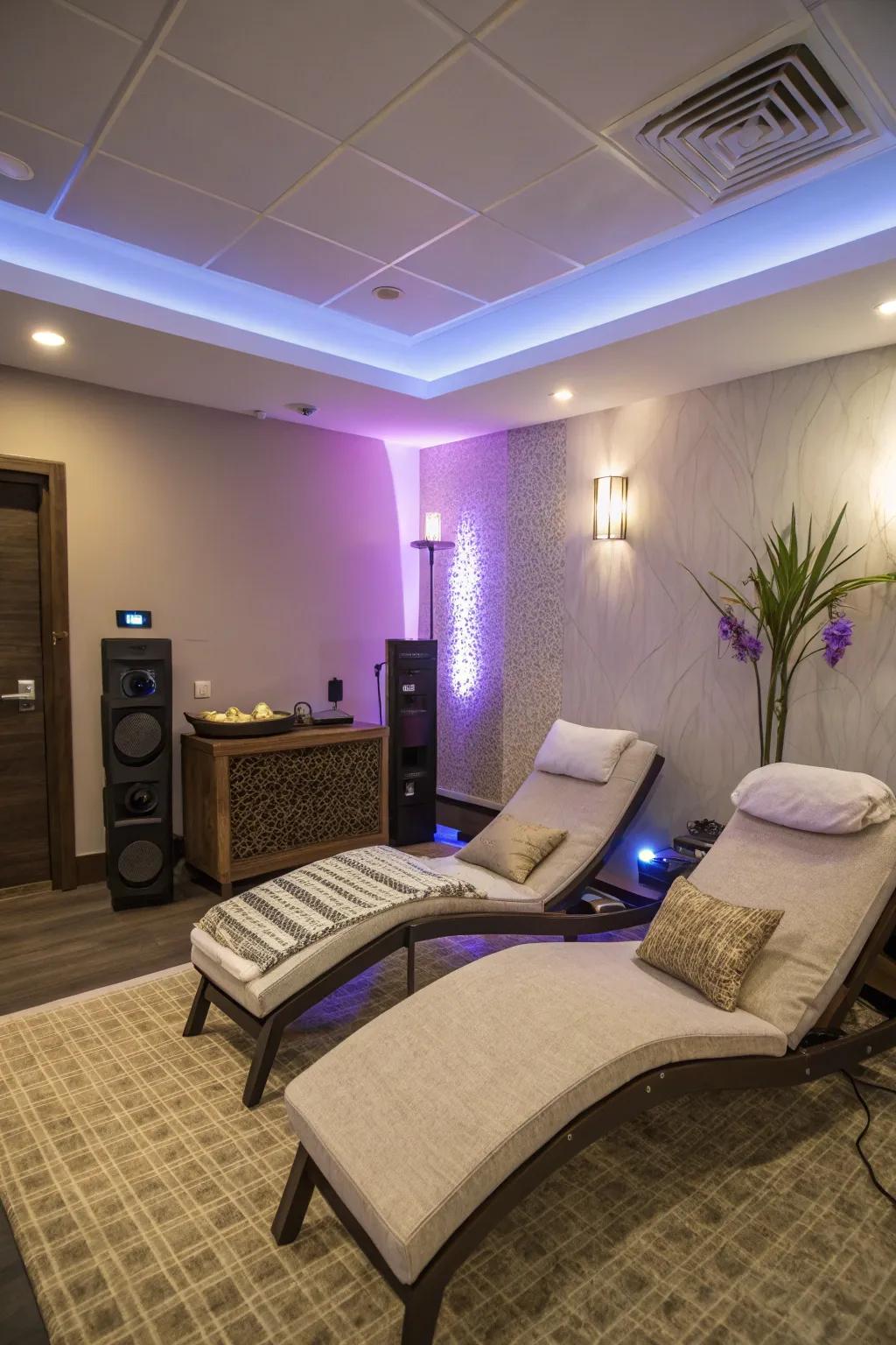 Personalized elements such as lighting and music in a spa room