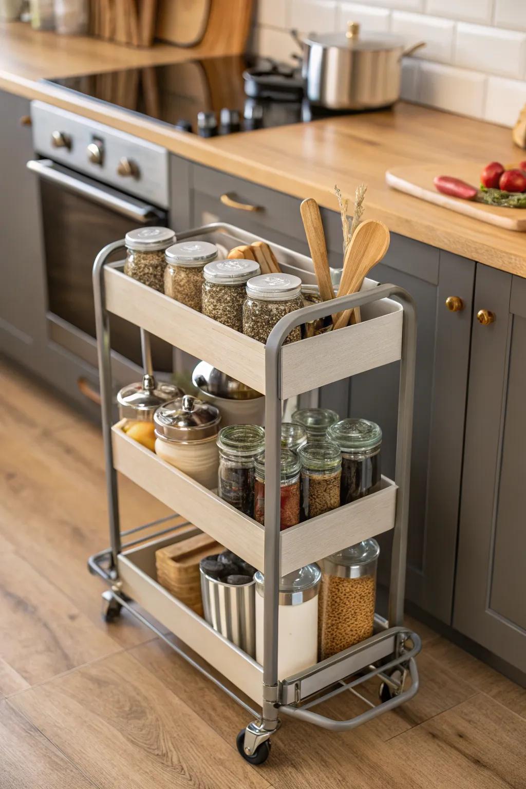 A chic rolling cart in a kitchen, providing flexible storage.