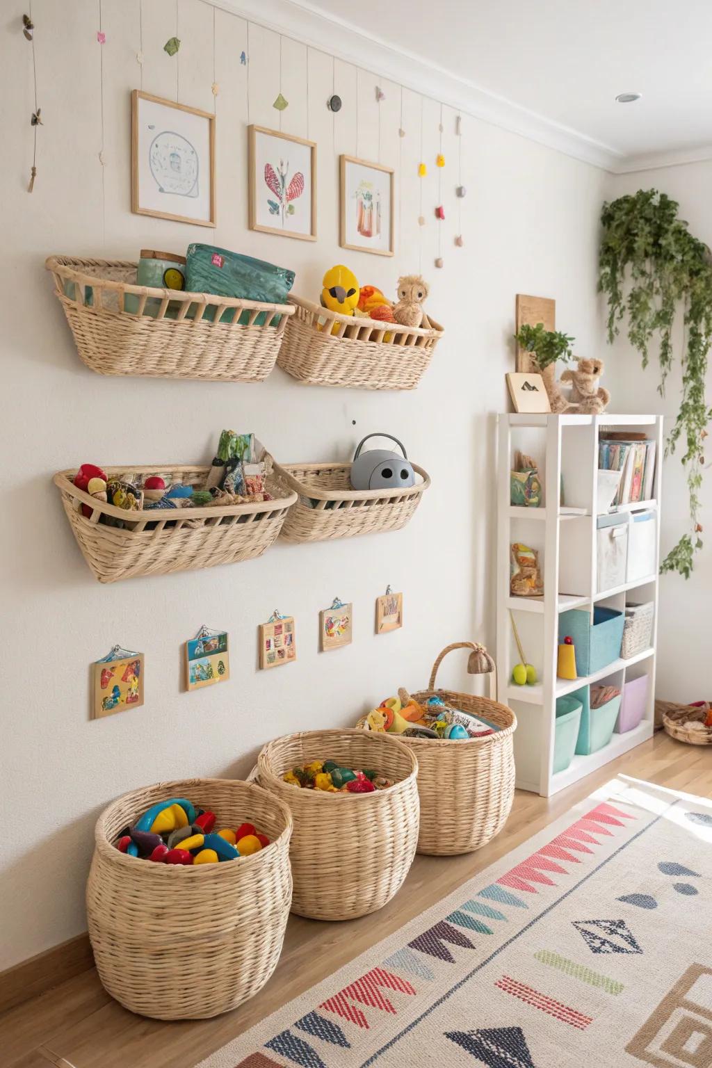 Charming wall-mounted baskets ideal for attractive toy storage.