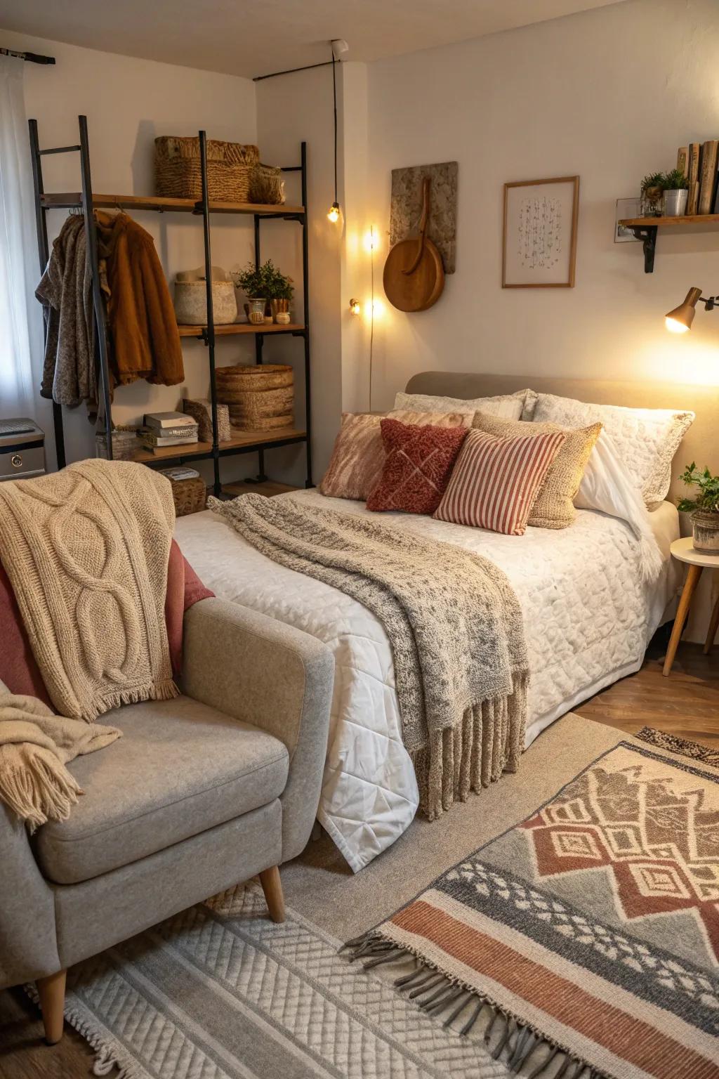 Layers of fabrics create a warm and welcoming feel.