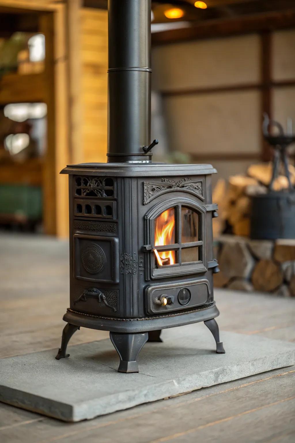 A compact wrought iron furnace provides sturdiness and timeless elegance.