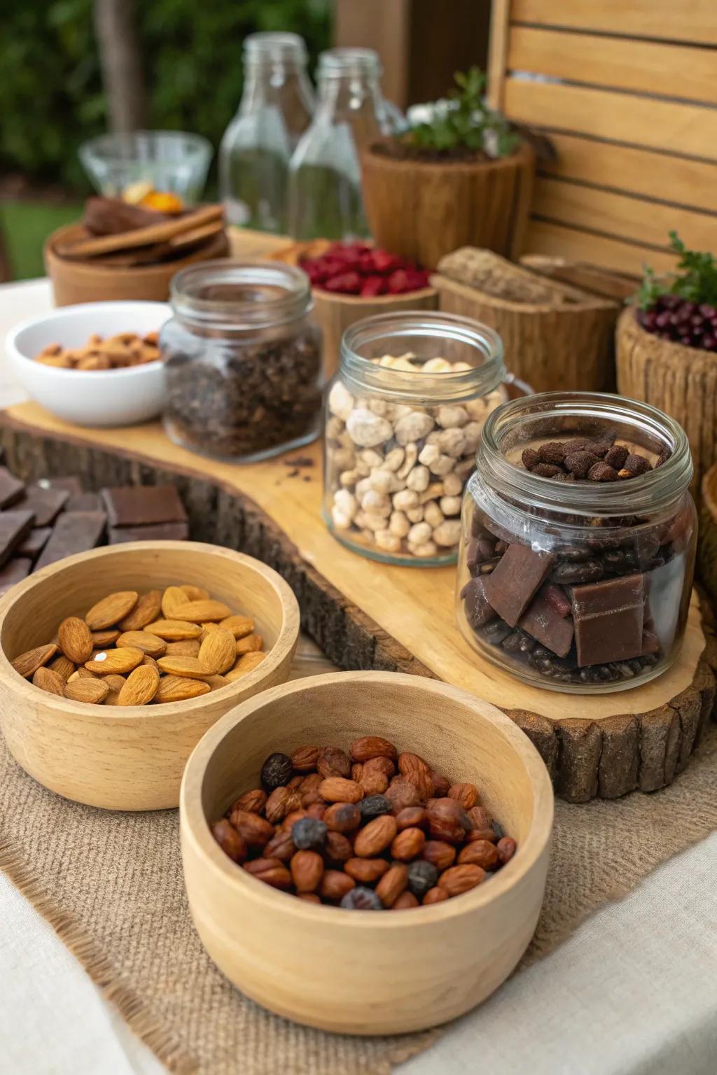 A hiking snack station inviting guests to create their personalized snack.