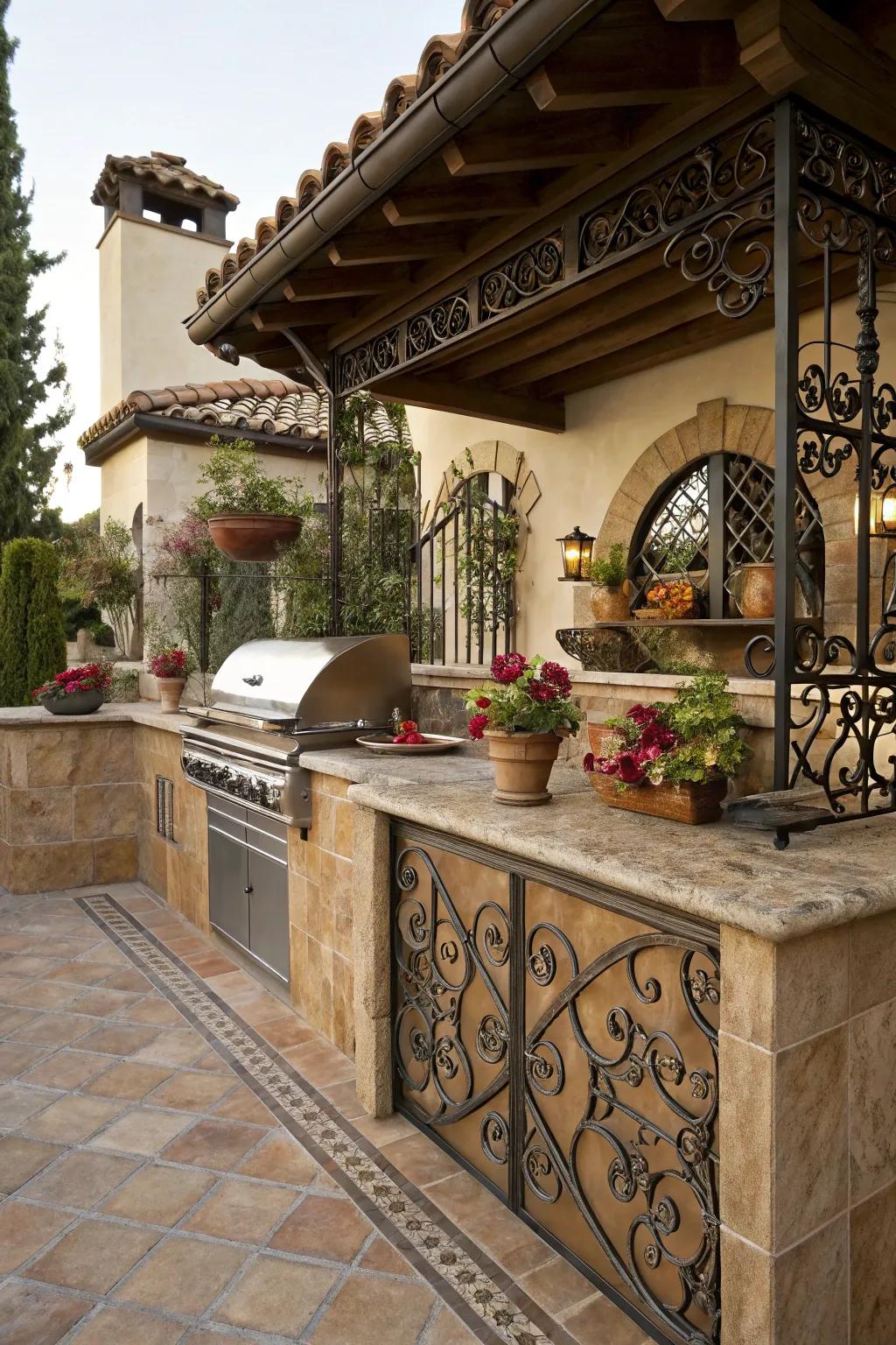 Intricate ironwork elements enhance the Spanish flair of this outdoor kitchen.