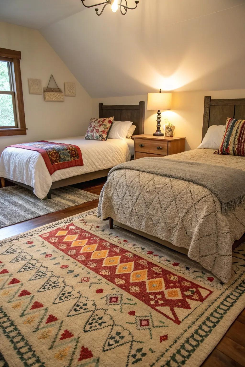 Area rugs defining areas in a split bedroom.
