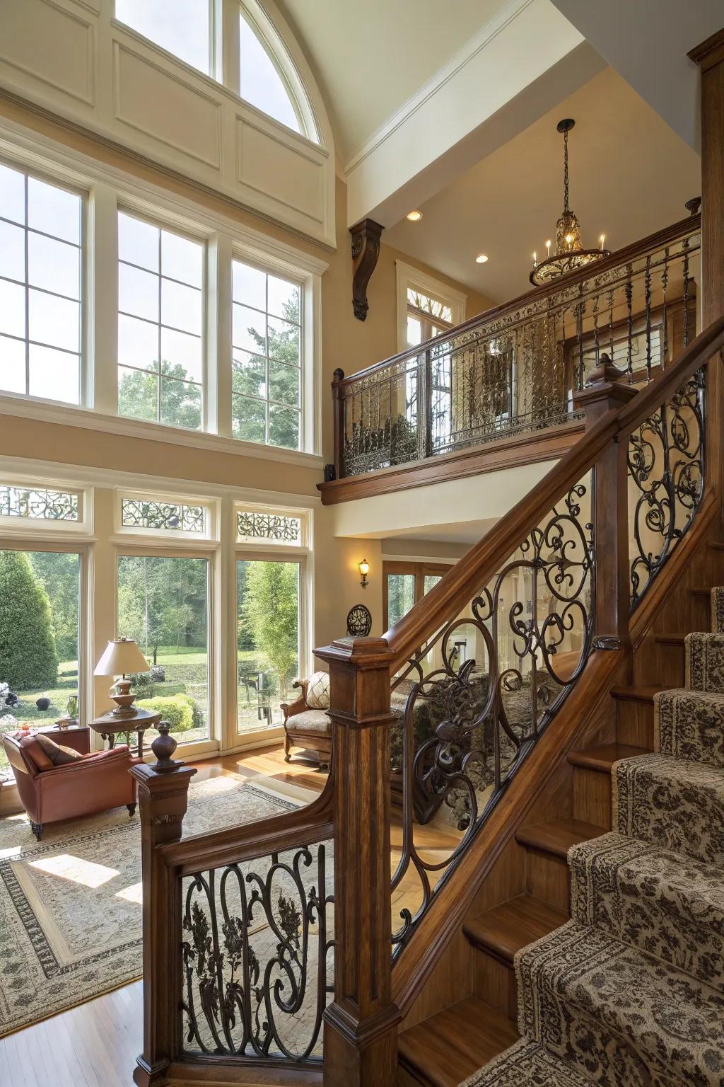 Ornate woodwork railings adding traditional elegance to a split-level dwelling.