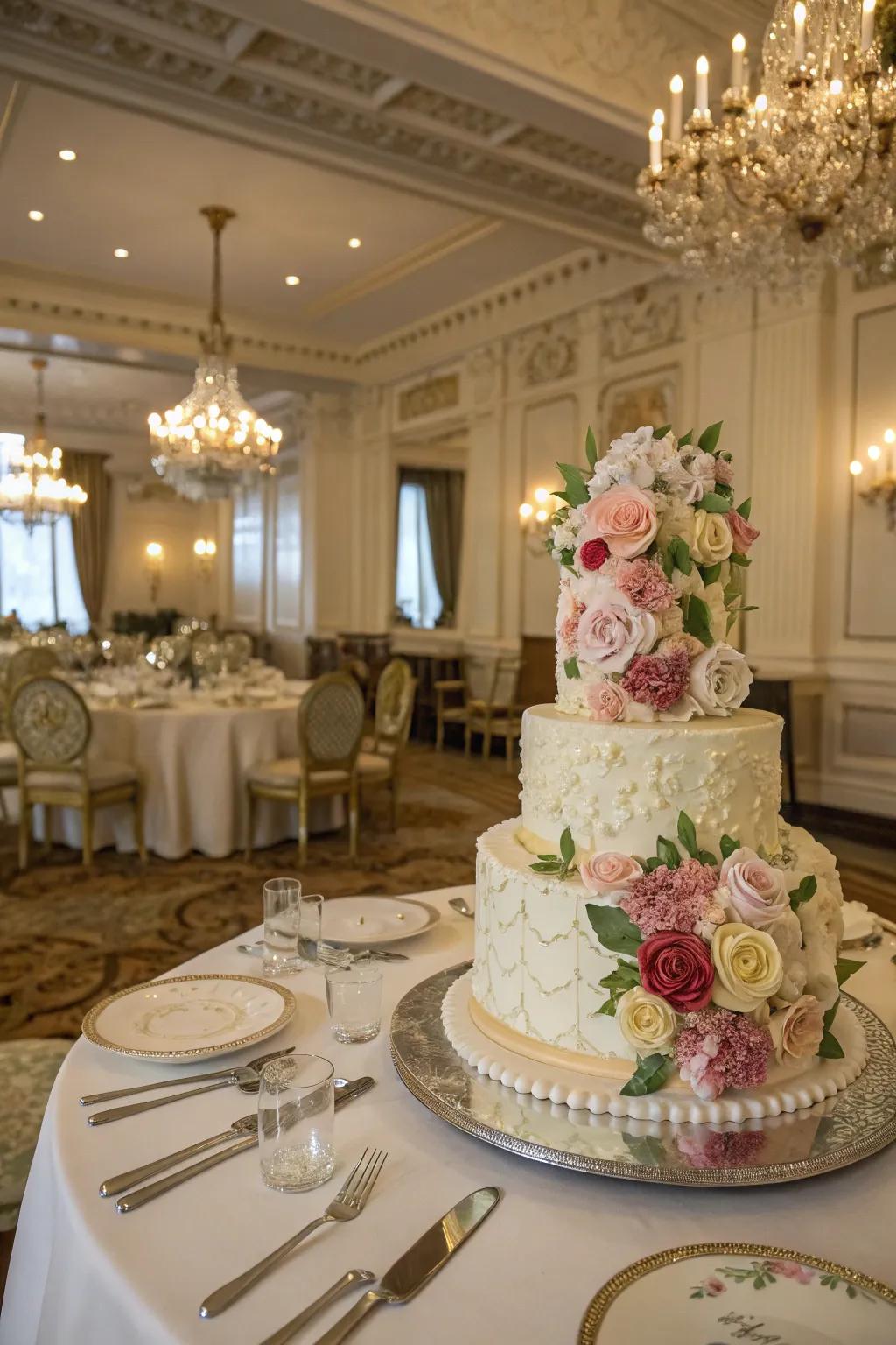 A cake enhanced with intricate buttercream floral designs.