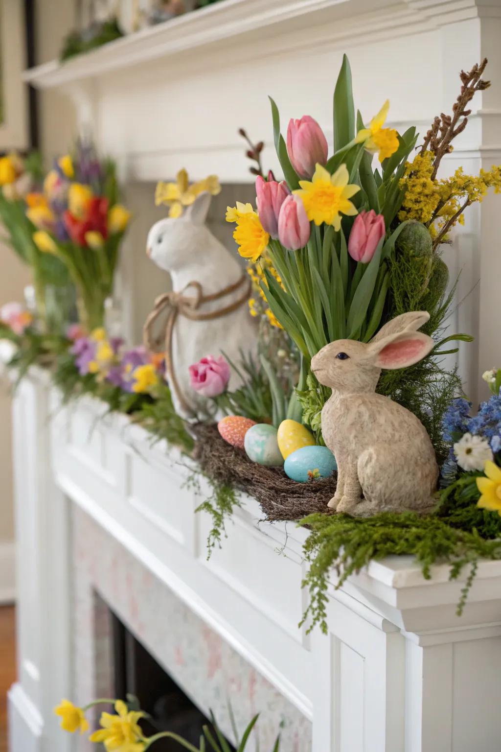 Seasonal statuettes contribute whimsy to your spring embellishments.