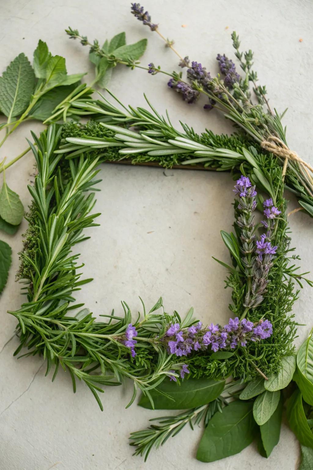 A herbal square wreath offers beauty and a delightful aroma.