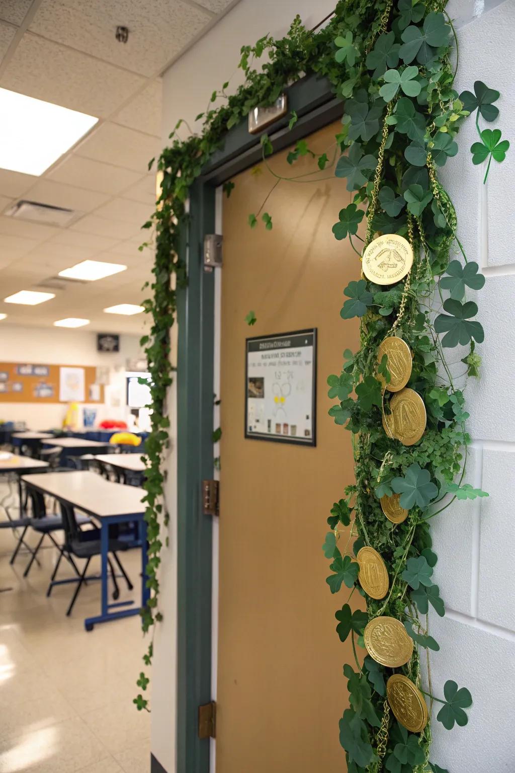 A vine garland with clovers and gold coins draping a classroom door.