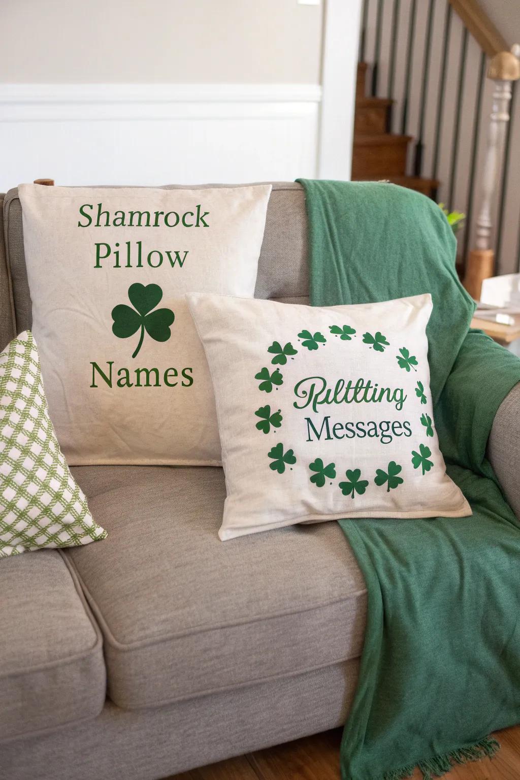 Append a personal touch through tailored shamrock cushions.