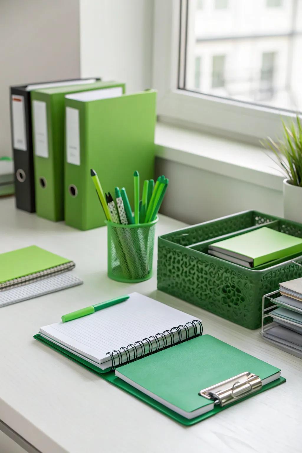 Delicately embrace the theme through emerald office essentials.