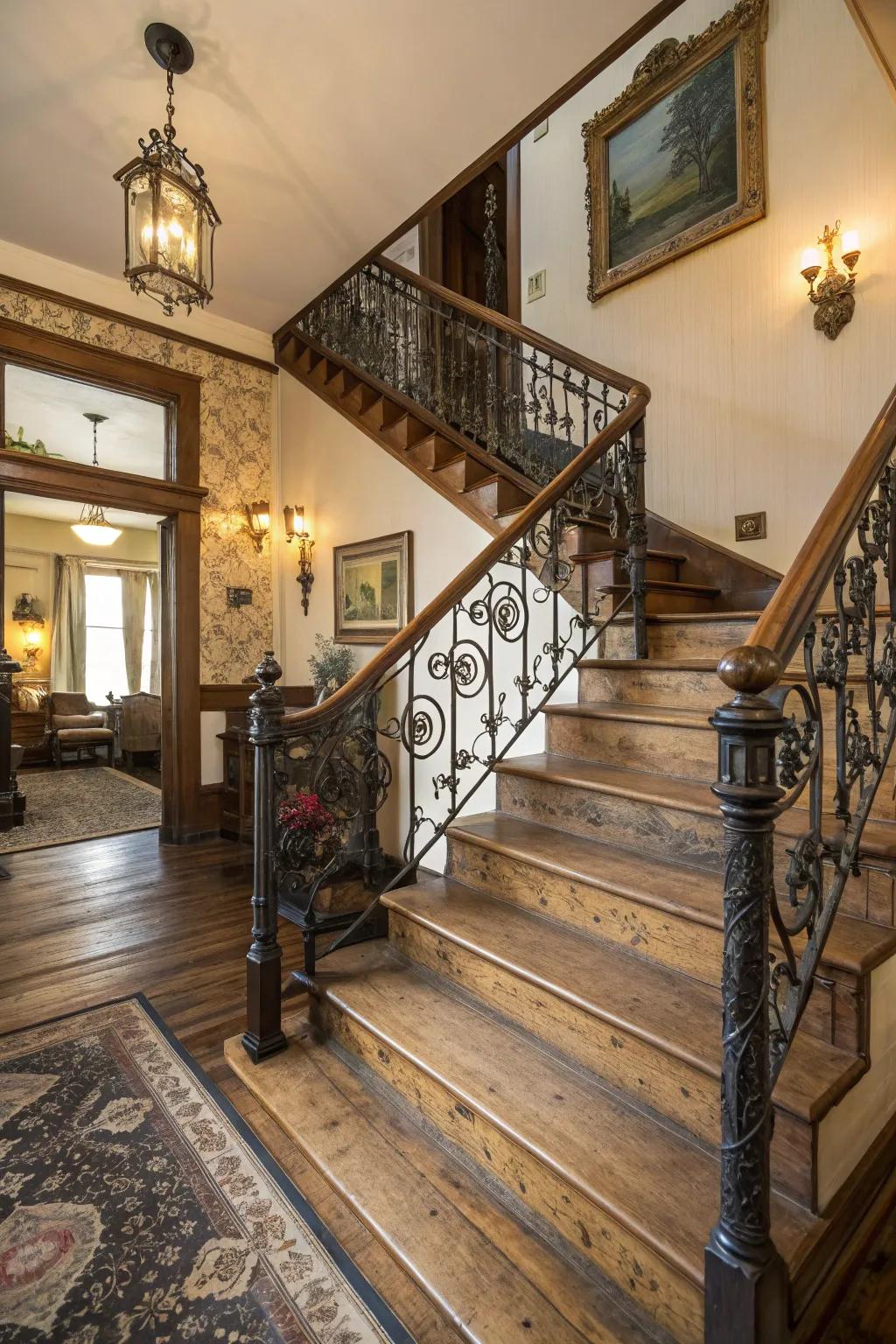 Timeless parts enhance the distinct beauty of this home stairwell.