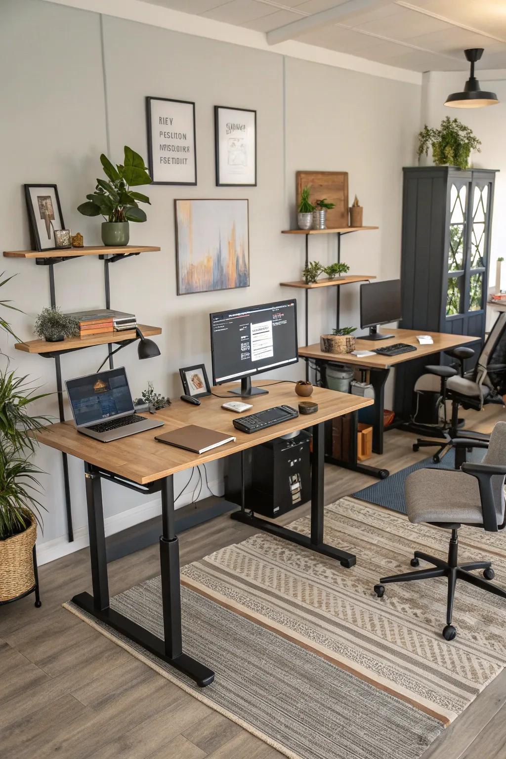 Standing desk zones create a flexible and collaborative workspace.