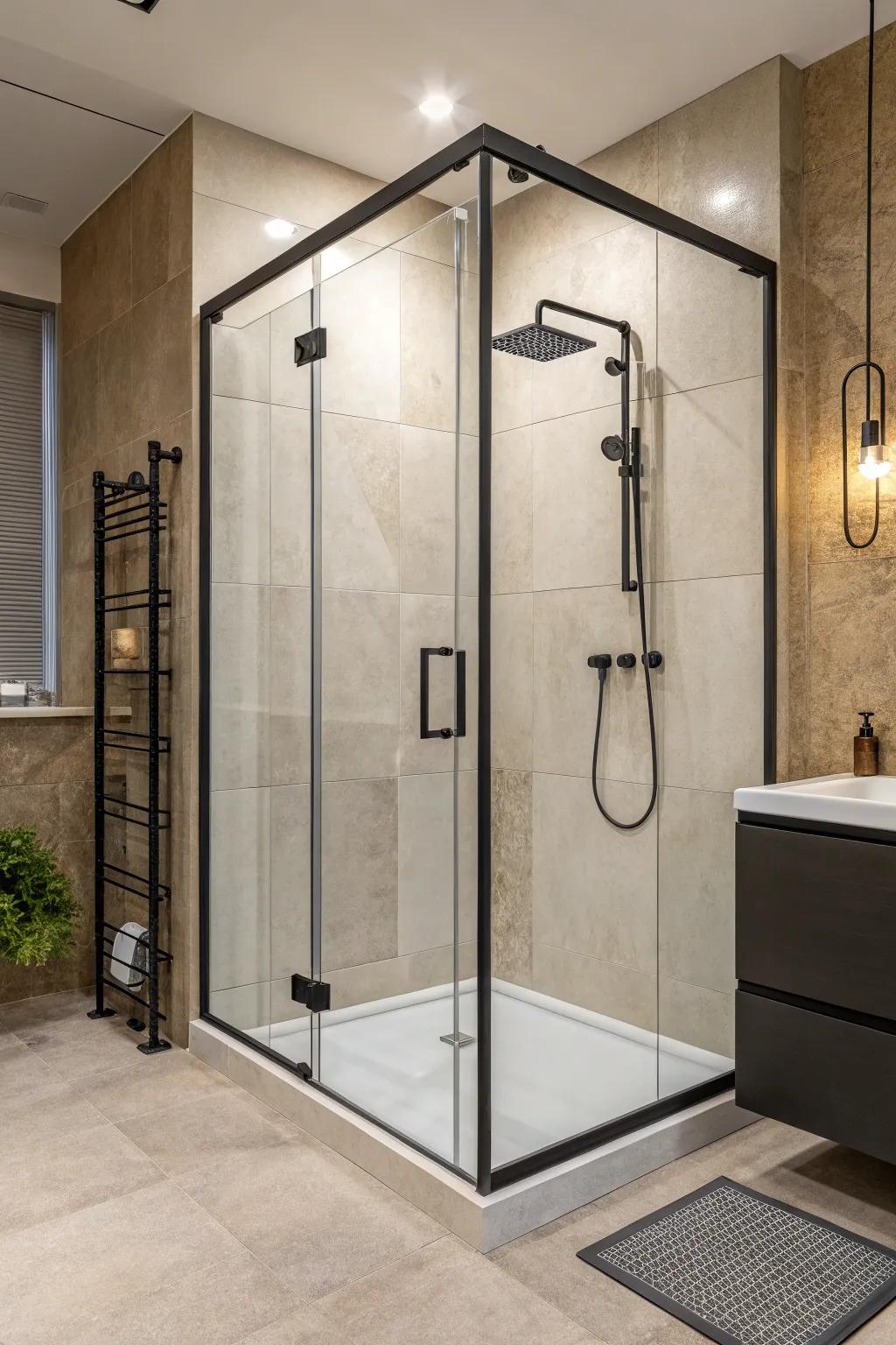 A tinted screen infusing depth and mystery into a shower design.