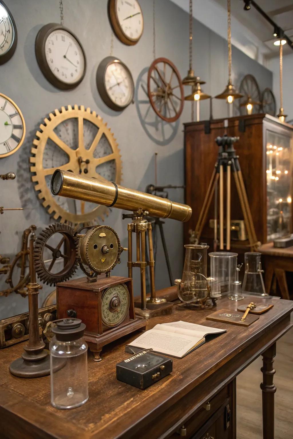 Vintage scientific tools evoke a spirit of discovery in this steampunk setting.