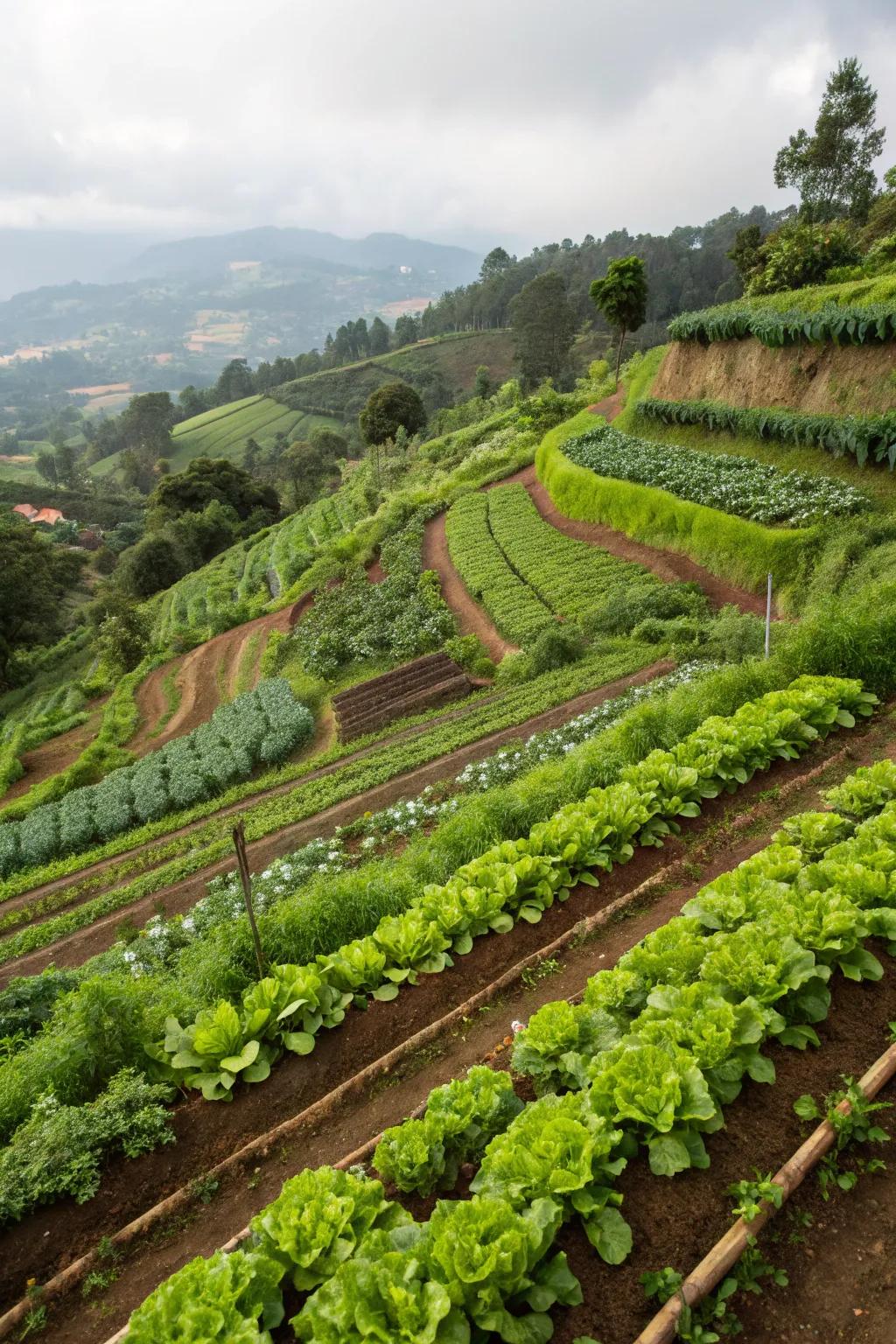 Terraced beds make productive use of sunny slopes.