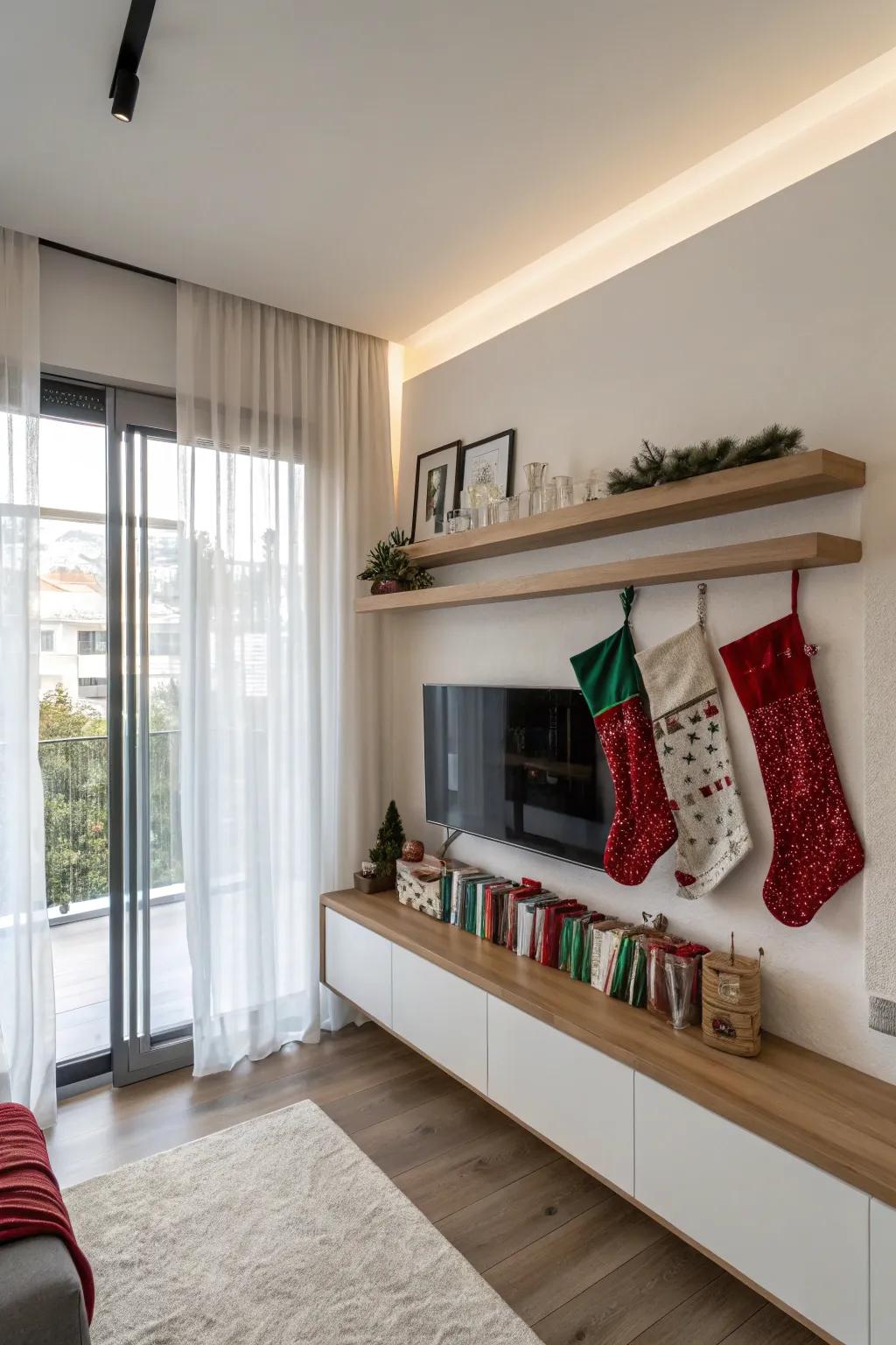 Floating shelves offer a sleek, modern stocking display.