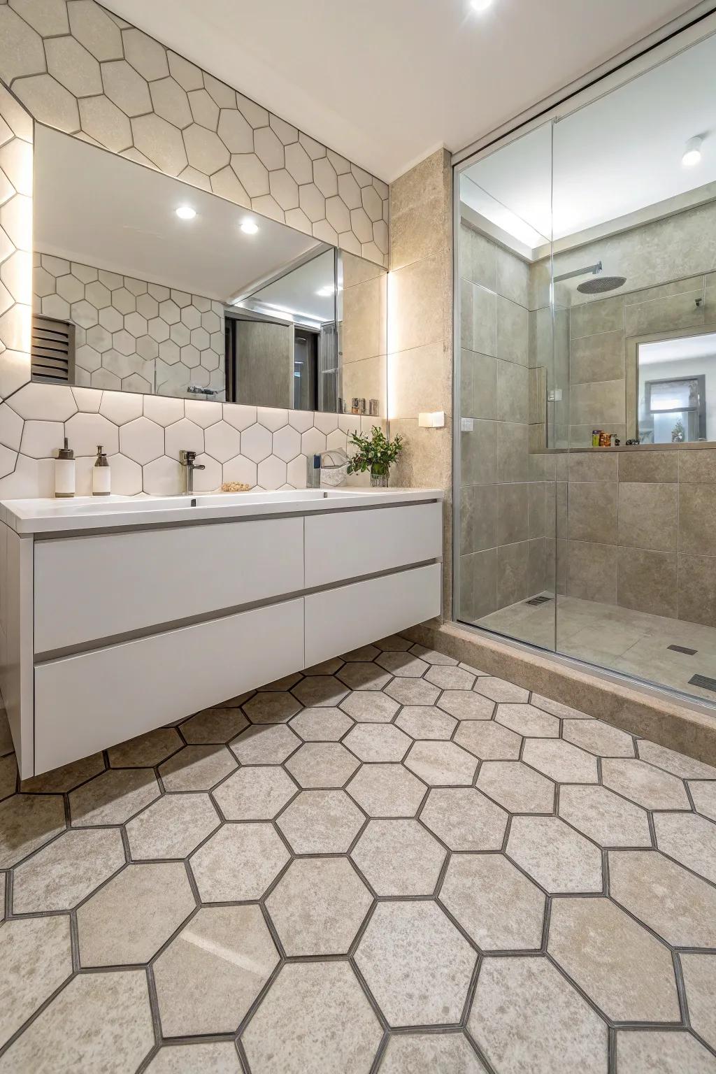 Hexagonal tiles inject an updated geometric zest to stone showers.
