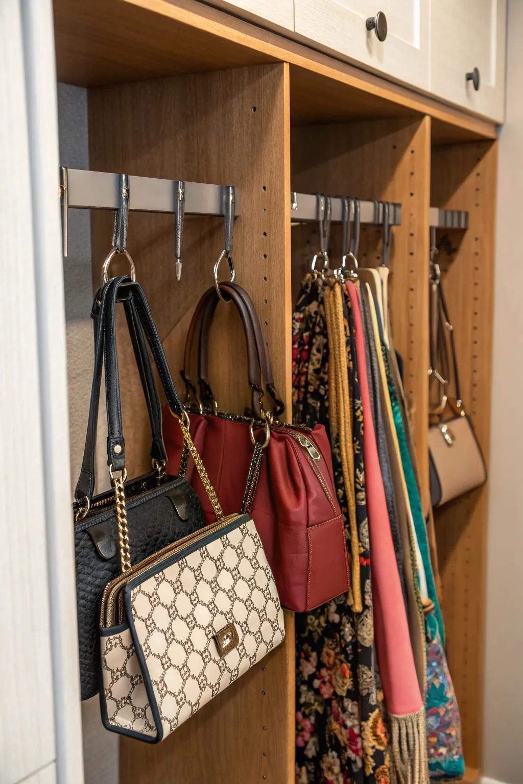 Purses hanging on the side.