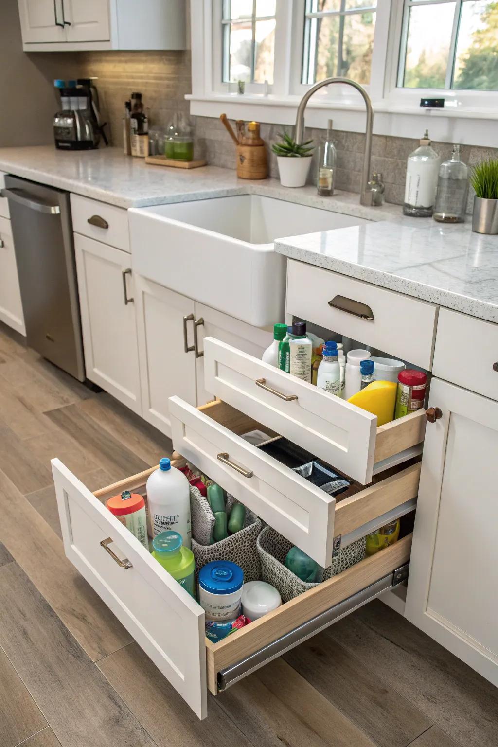 Arrange beneath-sink mess with useful slide-out drawers.