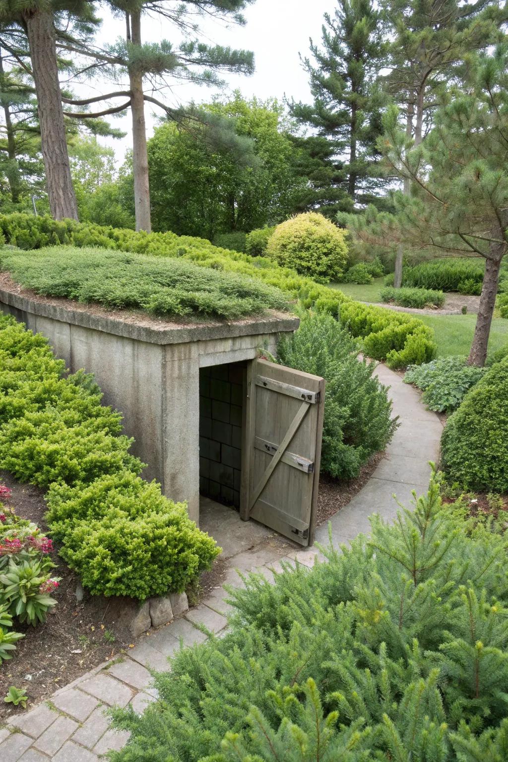 Evergreen bushes deliver consistent beauty and low maintenance near the storm shelter.