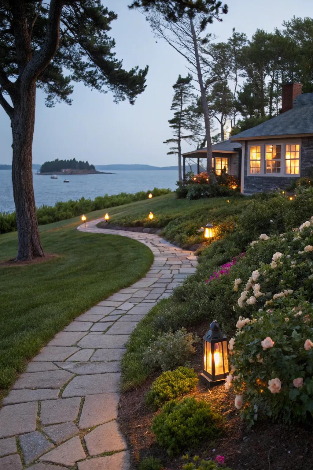 Pathway illumination establishes an enchanting ambiance.