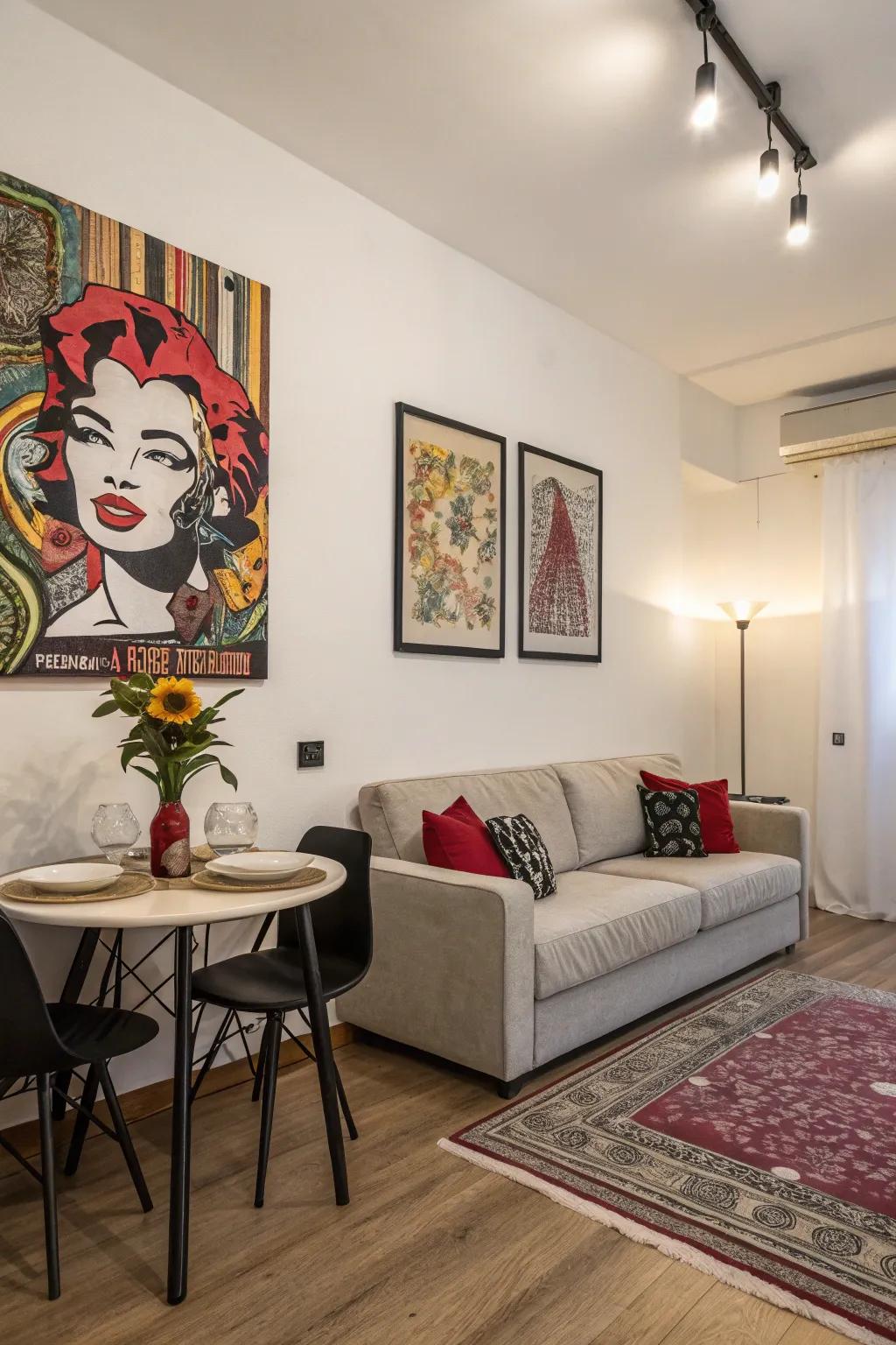A focal point adds character and depth to a studio apartment.