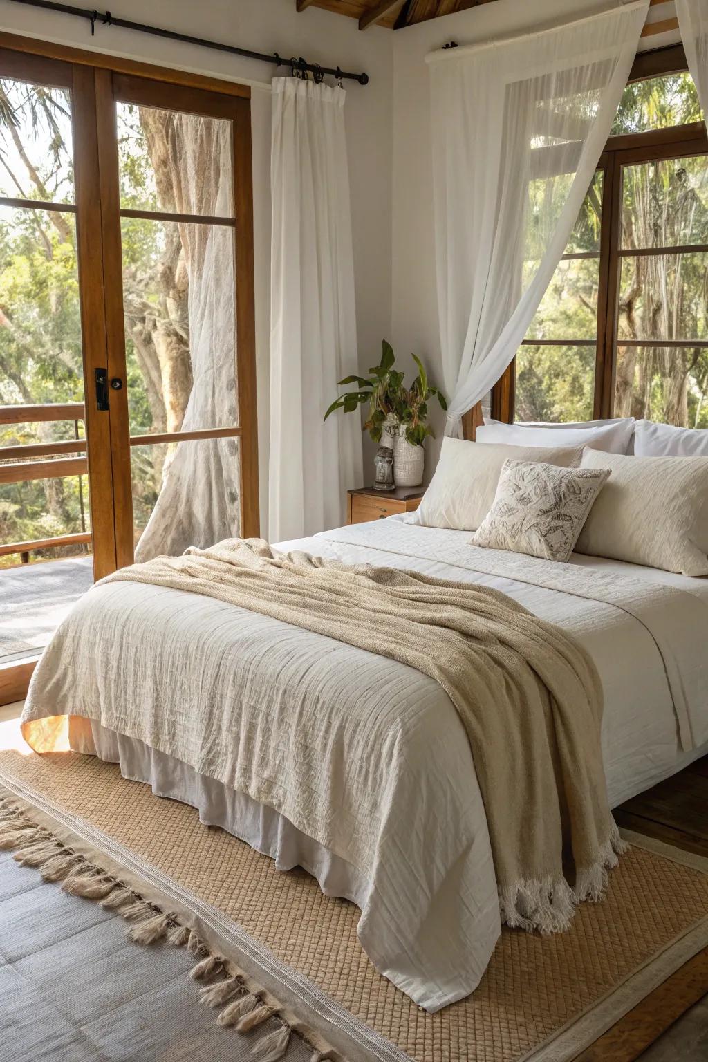 Airy cotton and linen fabrics keep summer nights cool and comfortable.