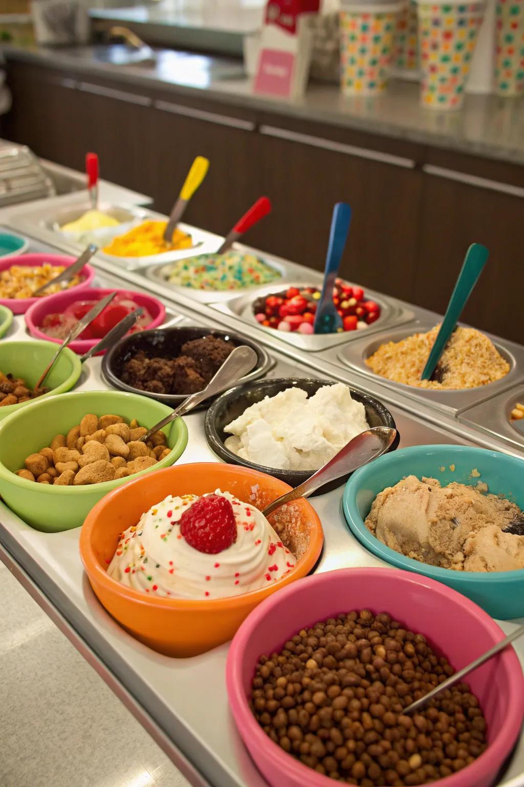 A whimsical and delightful ice cream sundae station for dessert.