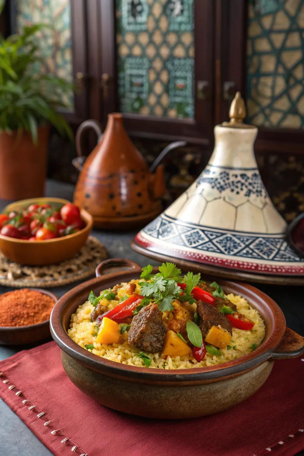Moroccan-spiced lamb and tiny pasta oven-baked dish, a journey of flavors.