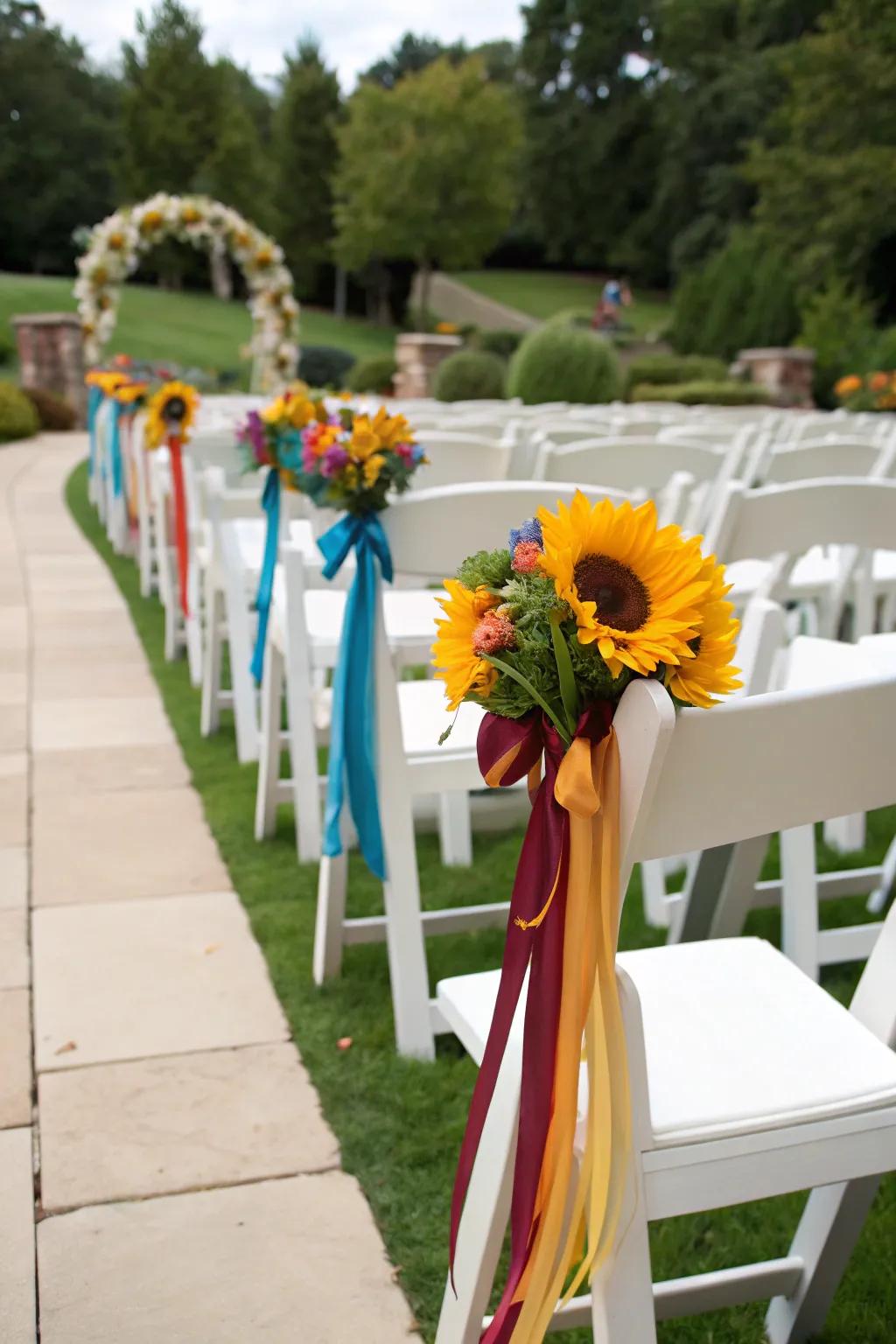 Chairs elegantly decorated with golden blooms at a wedding.