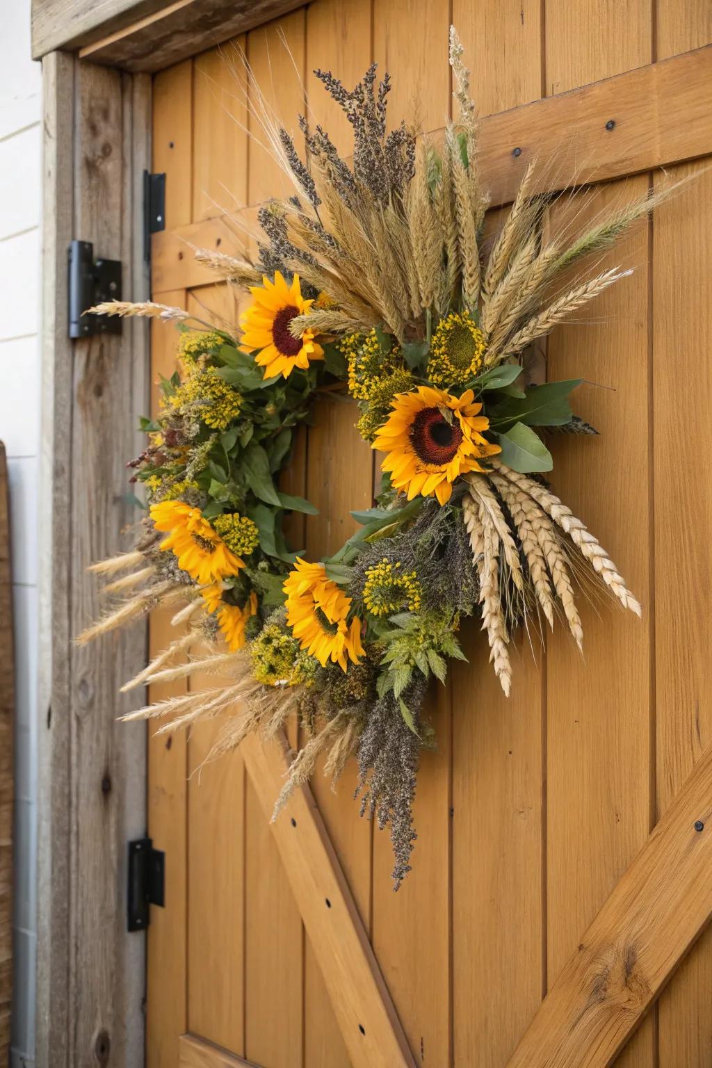 Celebrate the bounty of the season with a harvest wreath highlighted by sunflowers and wheat.