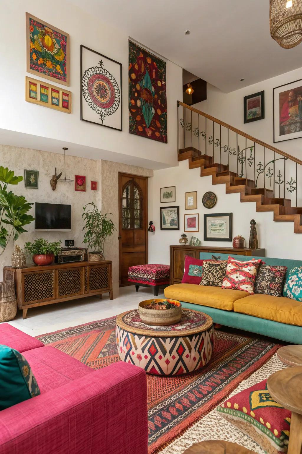 A sunken living room featuring eclectic decor.