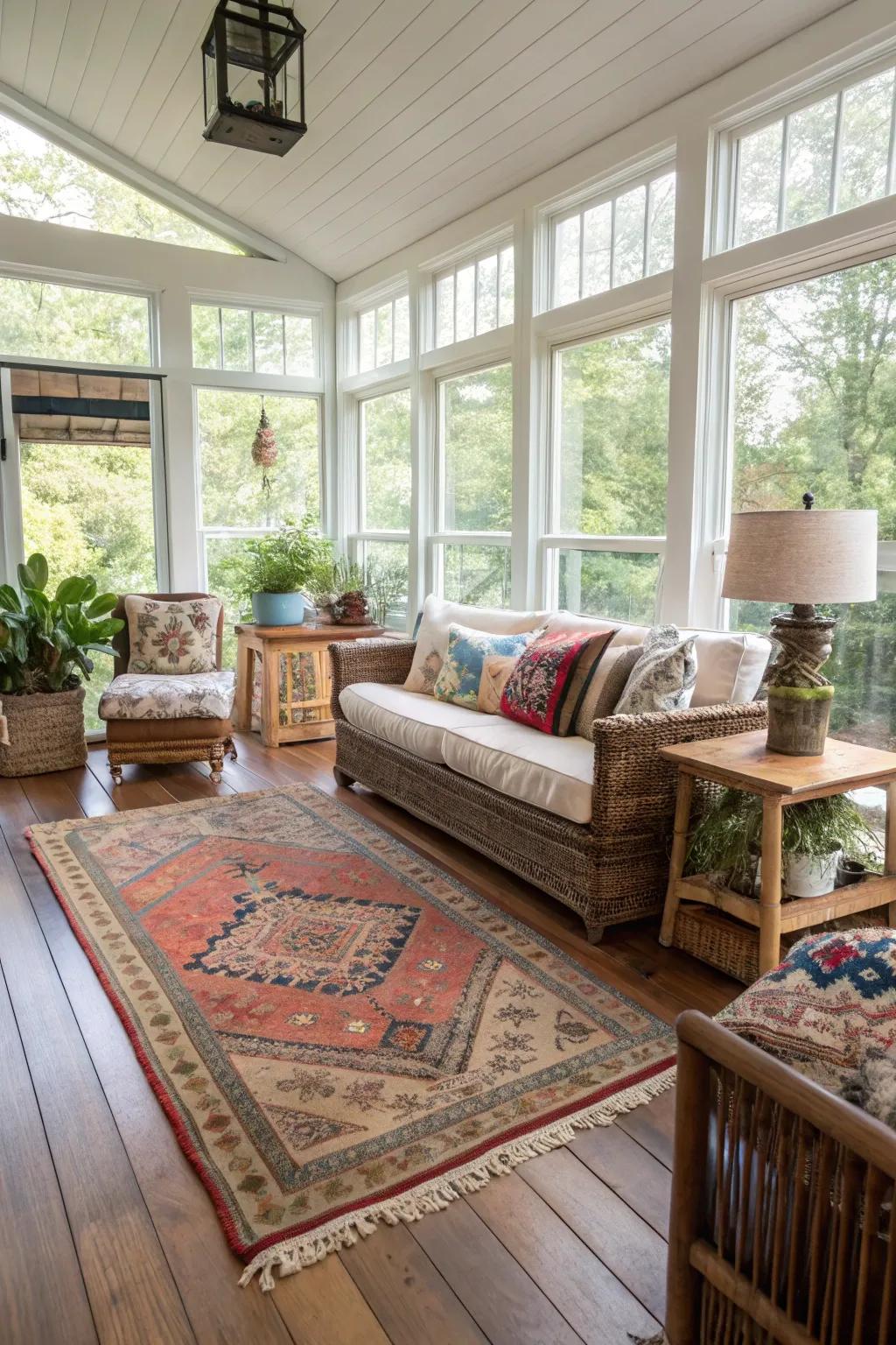 Assembled woven floor coverings bring texture and flexibility to your sunroom.