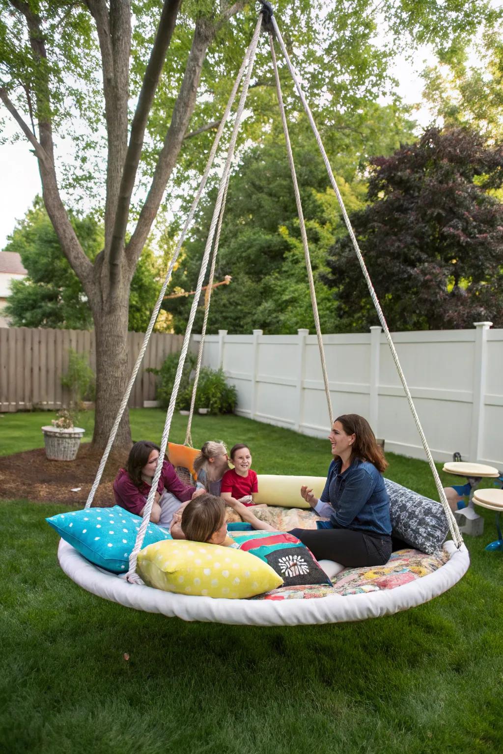A drifting deck swing functions as a lively social hub.