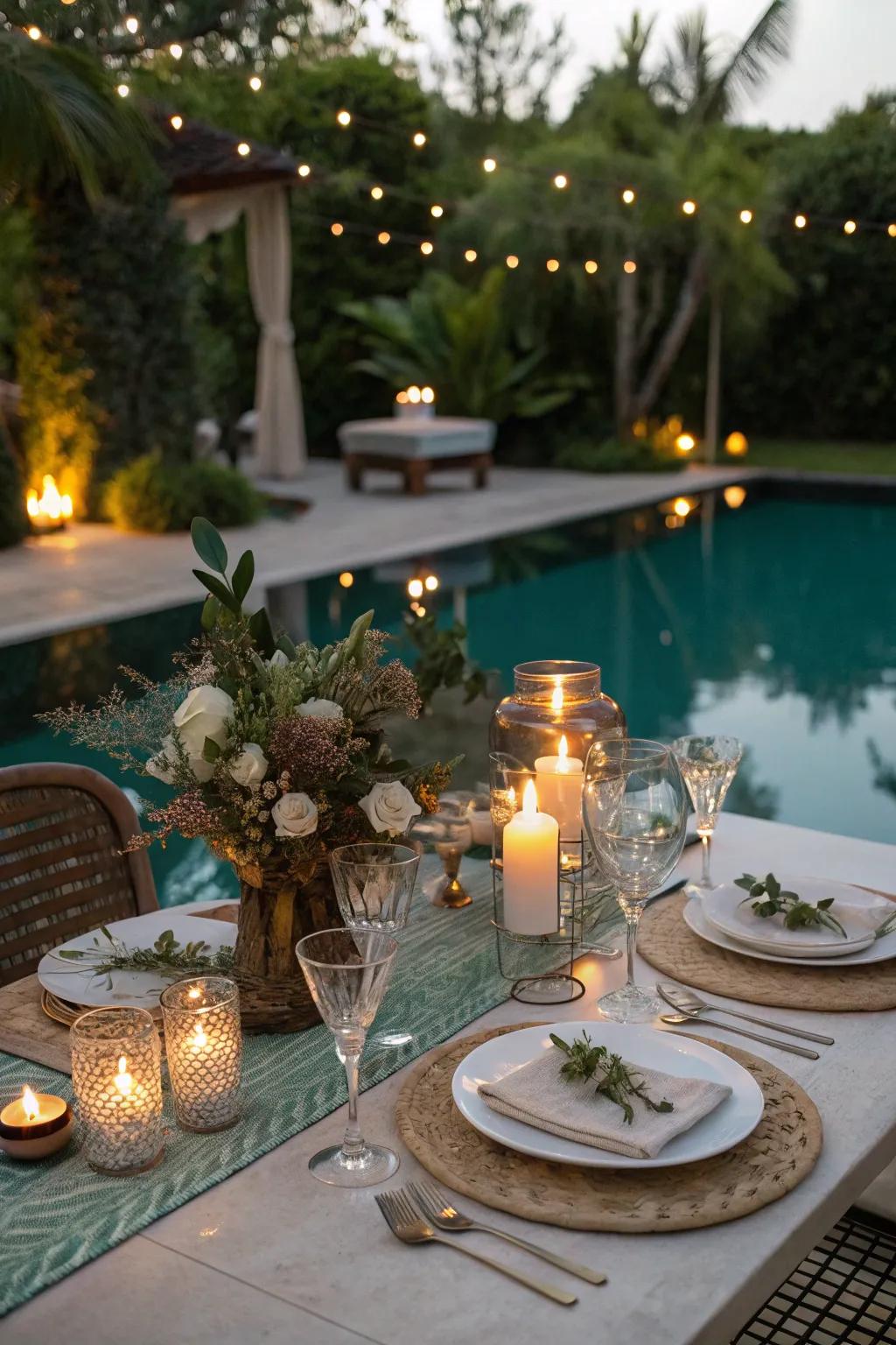 A poolside setup offers a relaxing and picturesque backdrop.