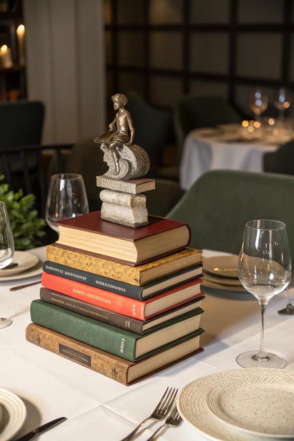 An artful and intellectual centerpiece featuring a stack of books.