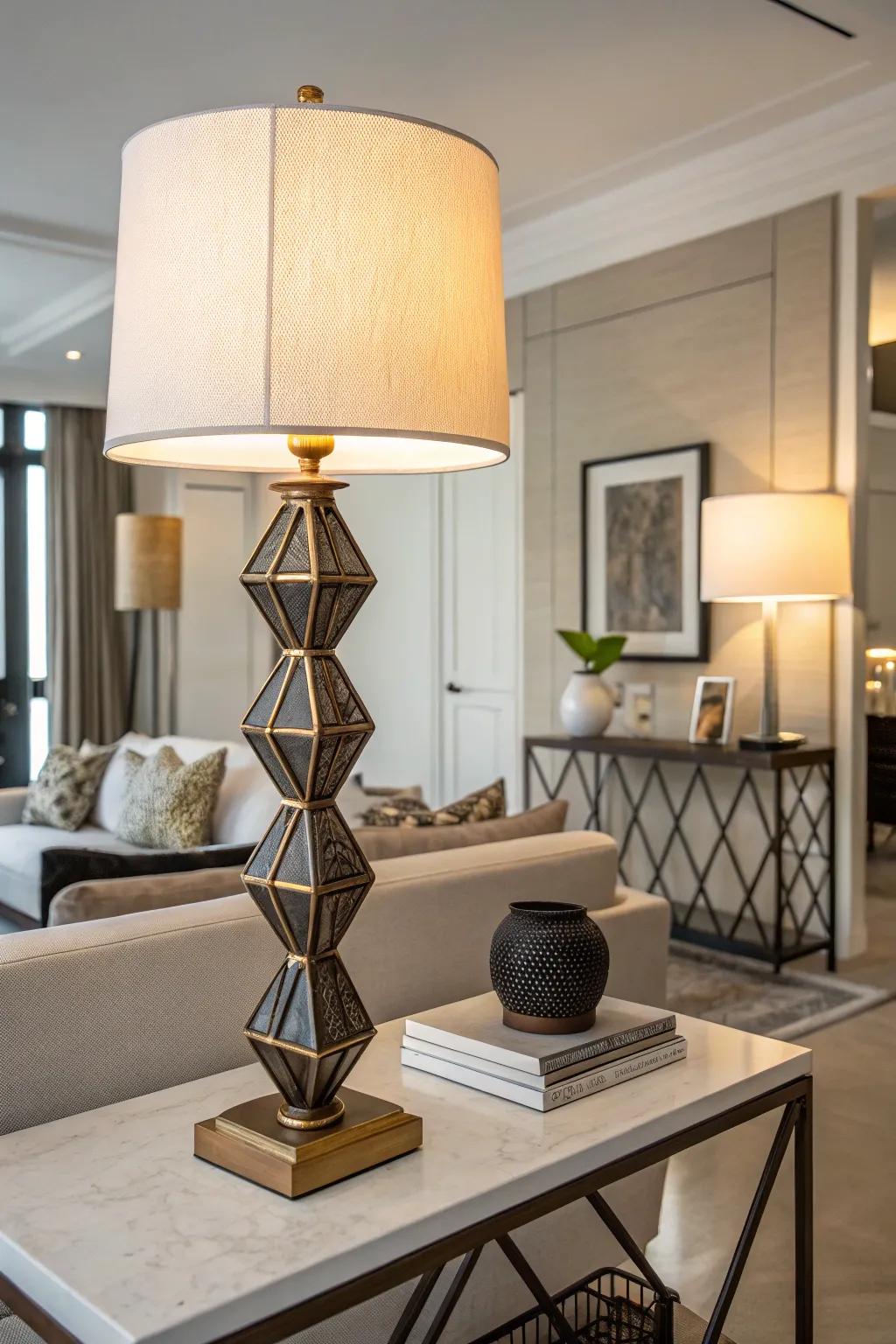 A geometric table lamp adds a modern twist to a contemporary room.